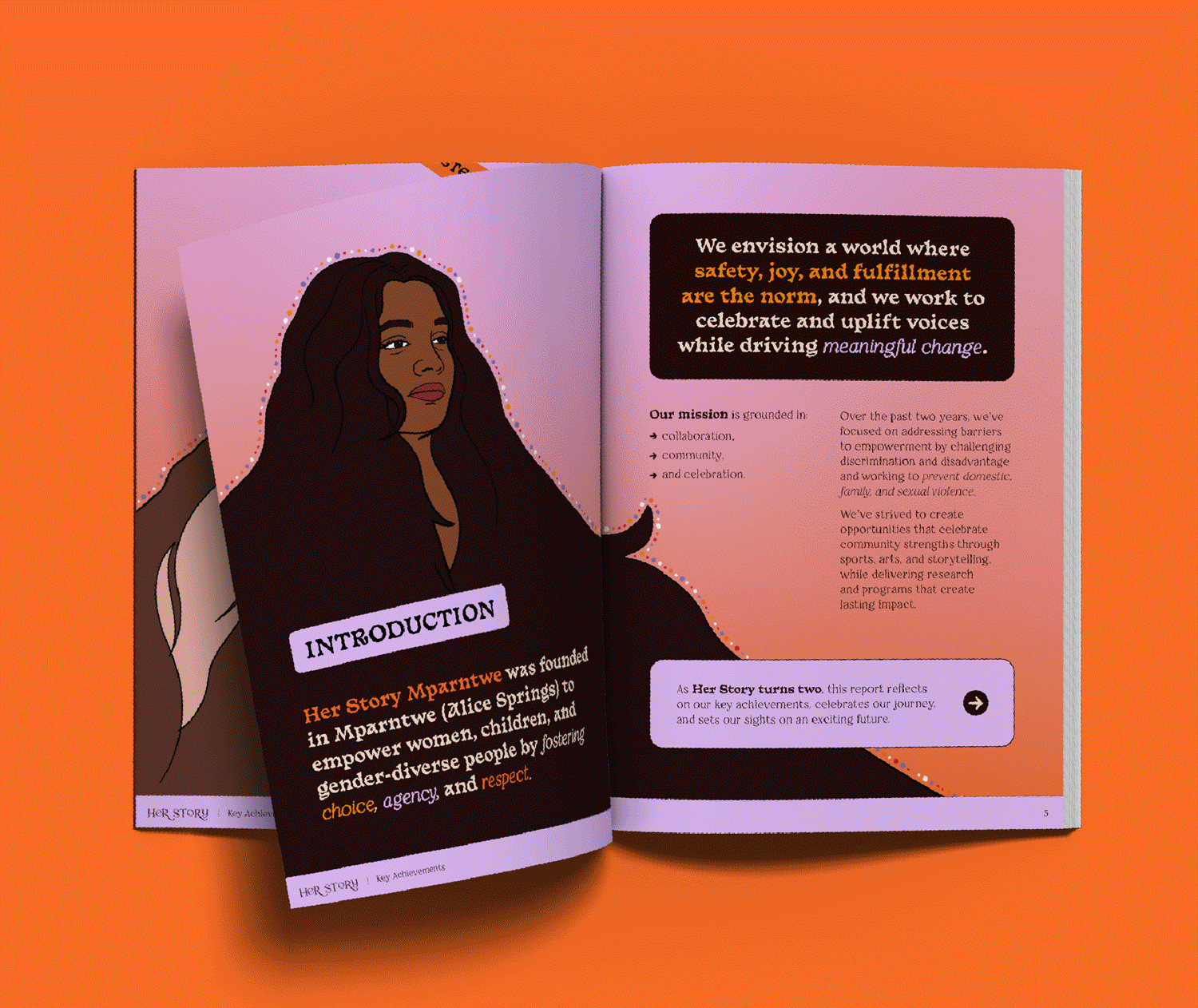 Open booklet with illustrated woman on left page, brown skin, dark brown hair, pink background, purple 'Introduction' label. Right page has text about envisioning a world with safety, joy, and fulfillment as the norm, focusing on empowerment, celebrating voices, and driving change.