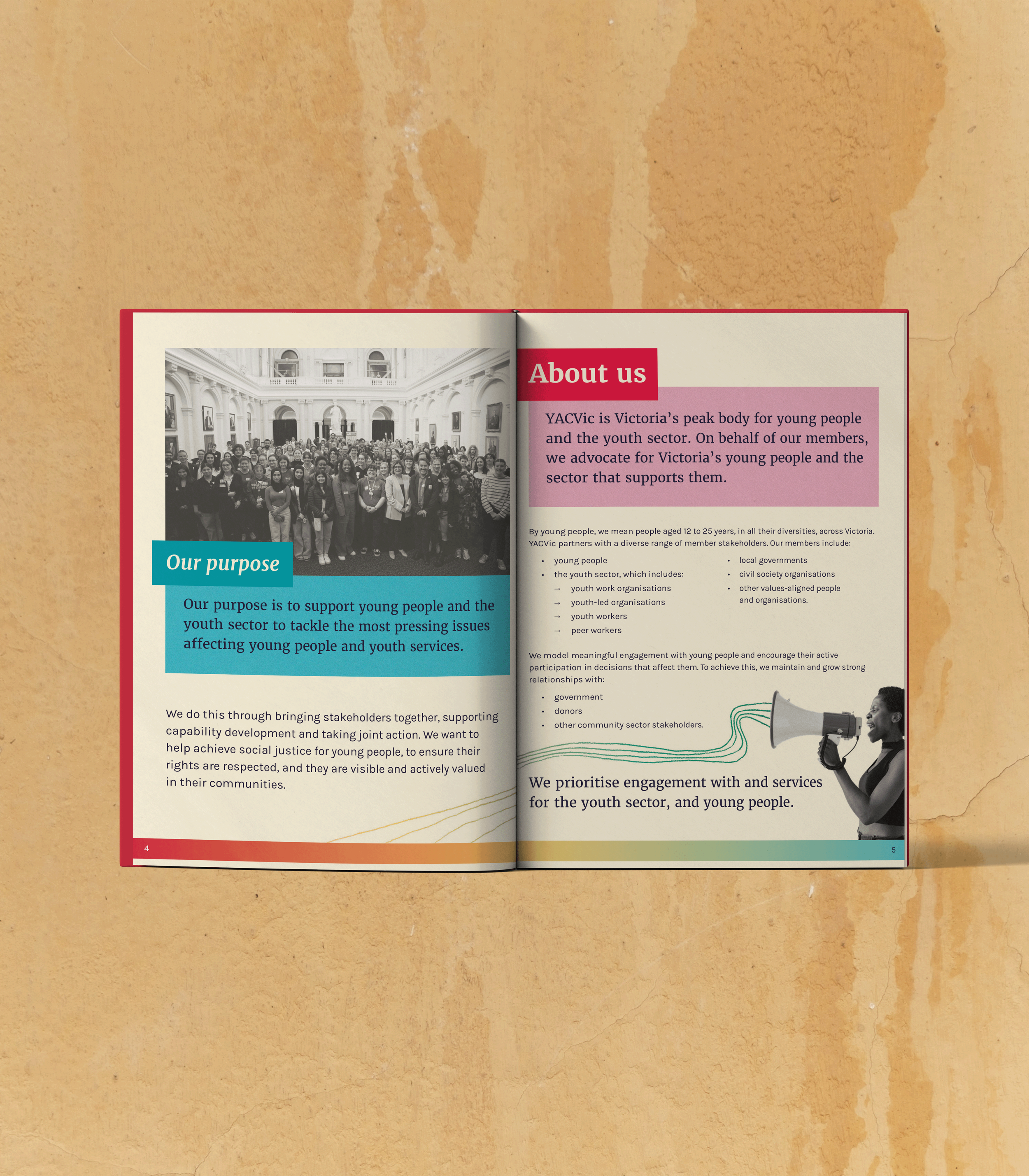 Pages from the strategic plan: our purpose and about us. Design features bright colours and collage style artwork.