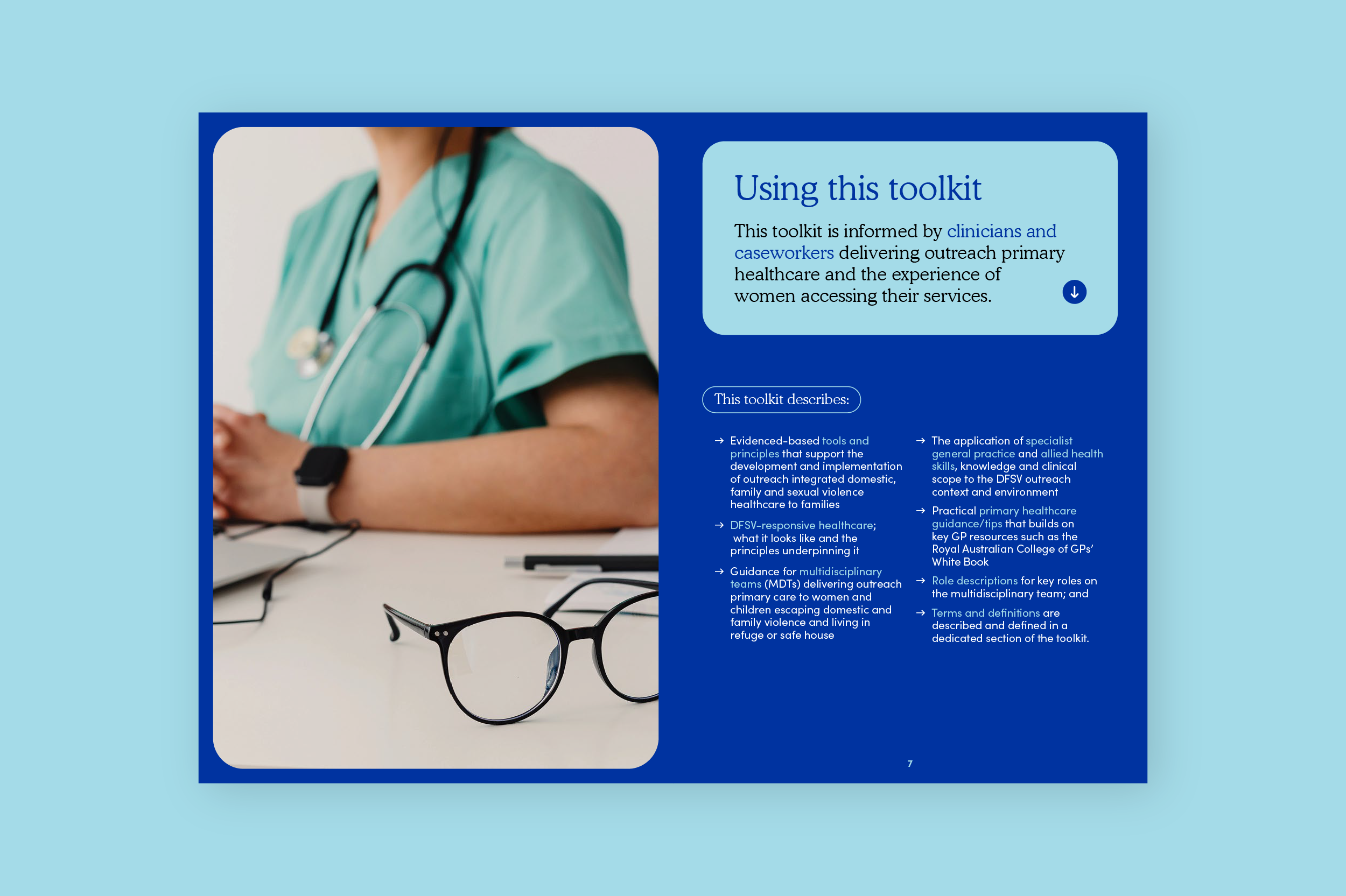 A spread from the Toolkit describing how to use it, with a photo of a woman in scrubs.