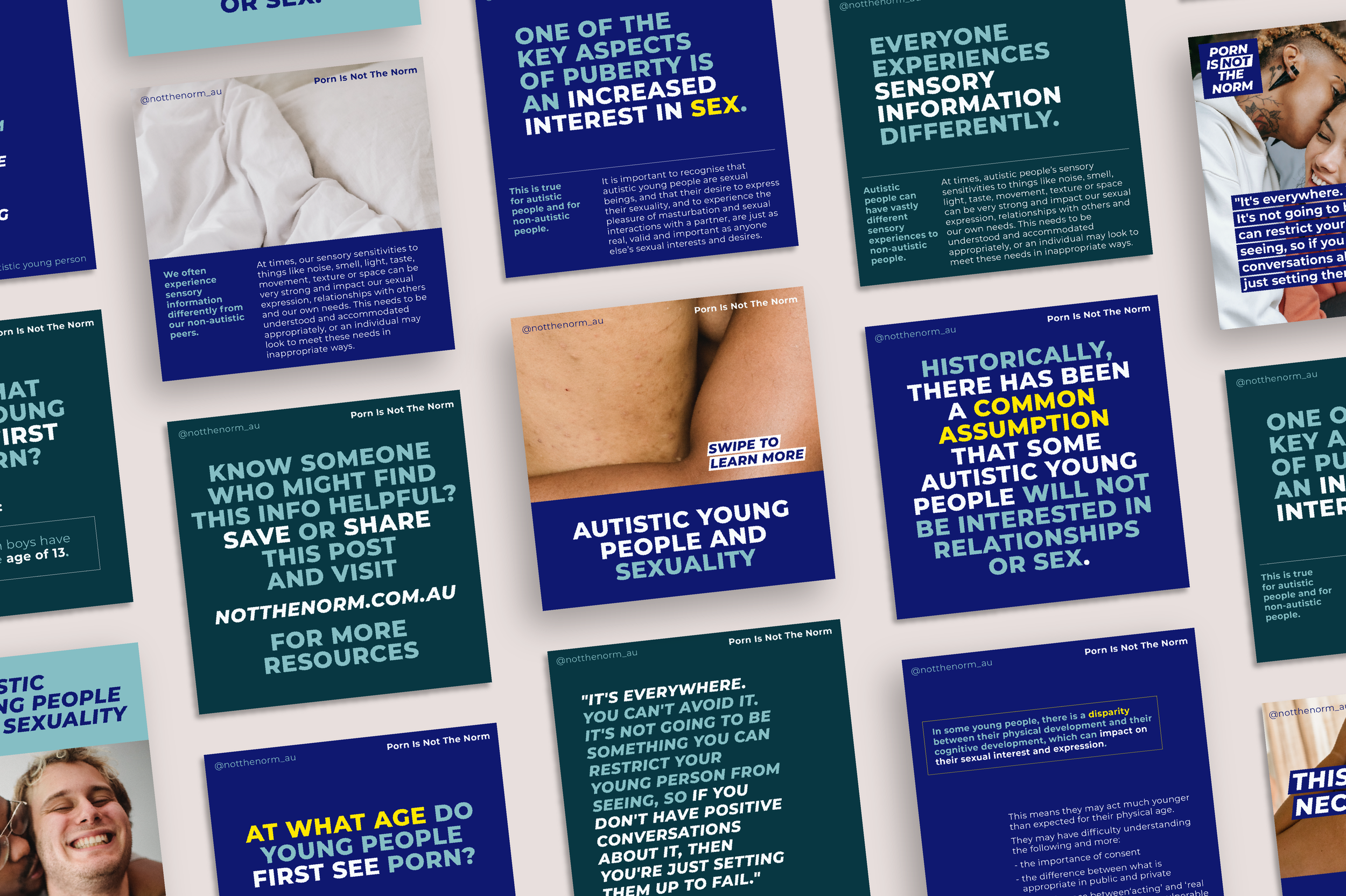 Mock-ups of PINN's Instagram posts, which talk about pornography, autism, and young people. The aesthetic is clean, type-focused and bold.