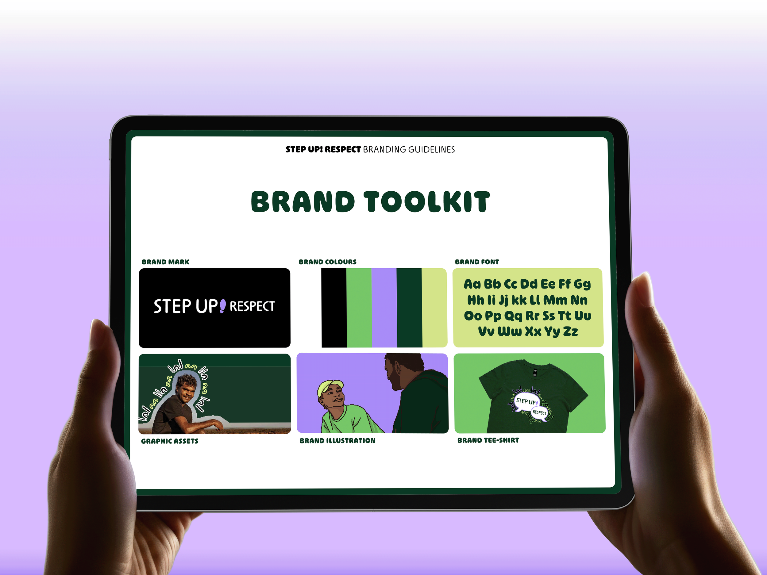 Person holding an iPad with the branding guidelines for Step Up! Respect on the brand toolkit page showing an overview of the brand identity.