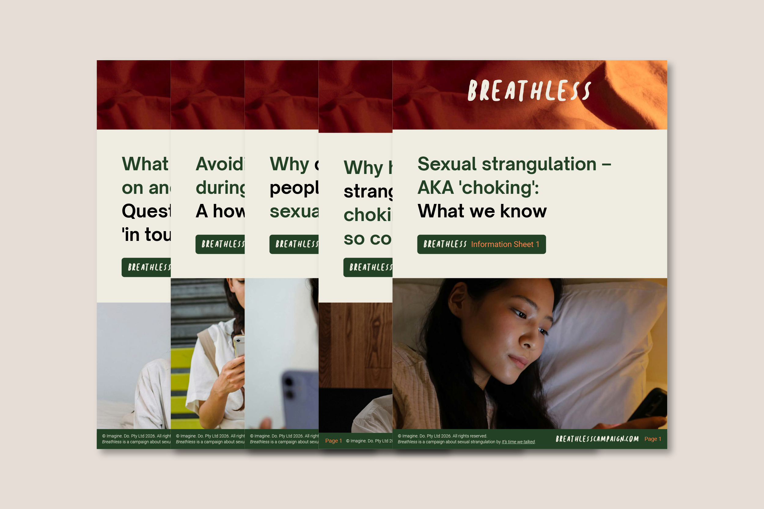 Overlapping images of people using their phones, with text about breathlessness and sexual strangulation, part of a campaign about sexual health awareness.