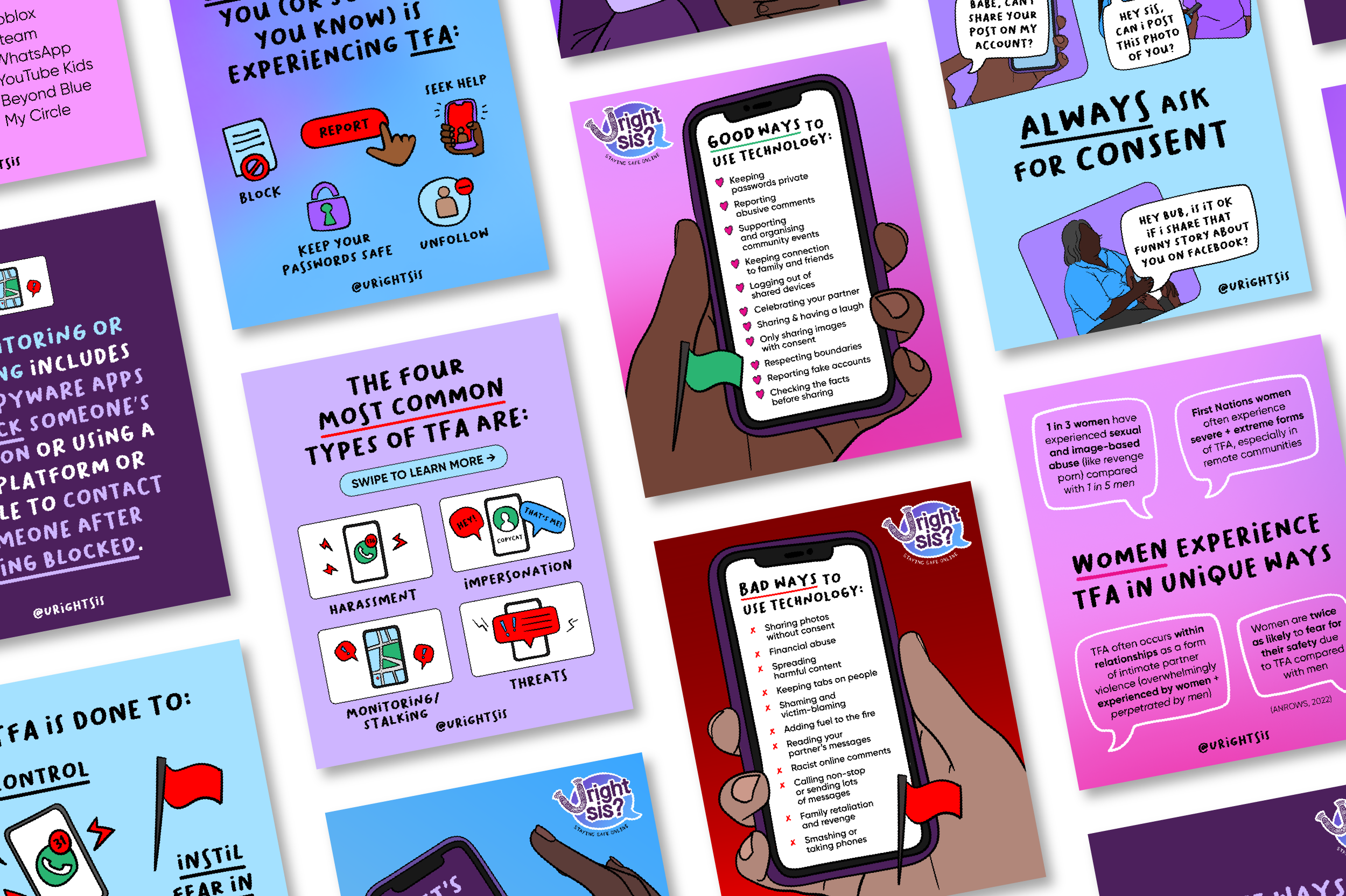 A flatlay of a social media campaign for U Right Sis? with bright colours and information about using technology safely.
