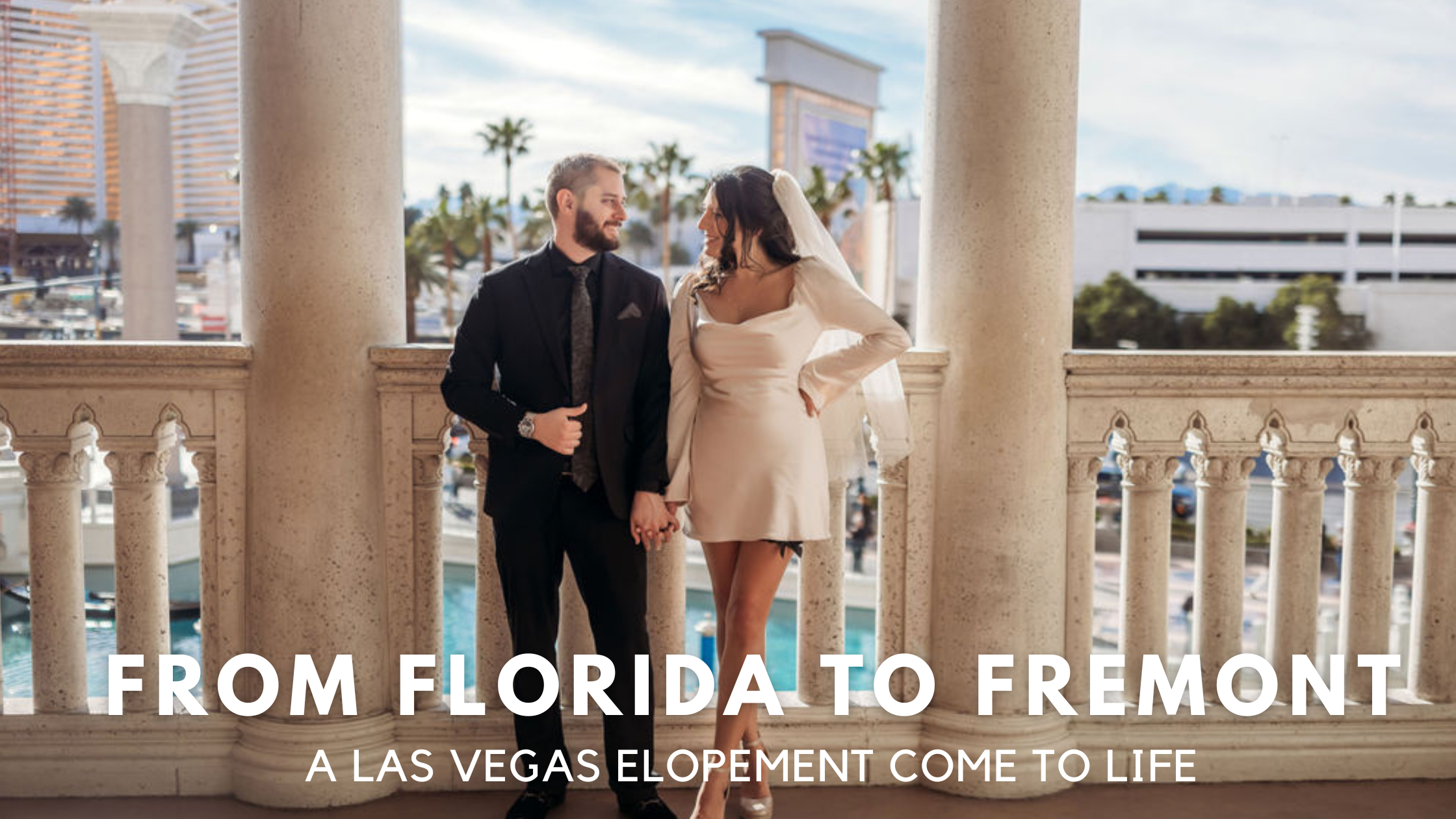 Stephanie and Gary celebrating their Las Vegas elopement beneath colorful neon lights