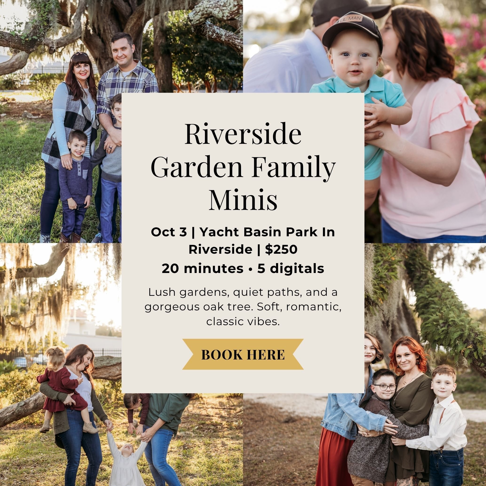Jacksonville family mini sessions at Mom's Park in Riverside with gardens and oak trees.
