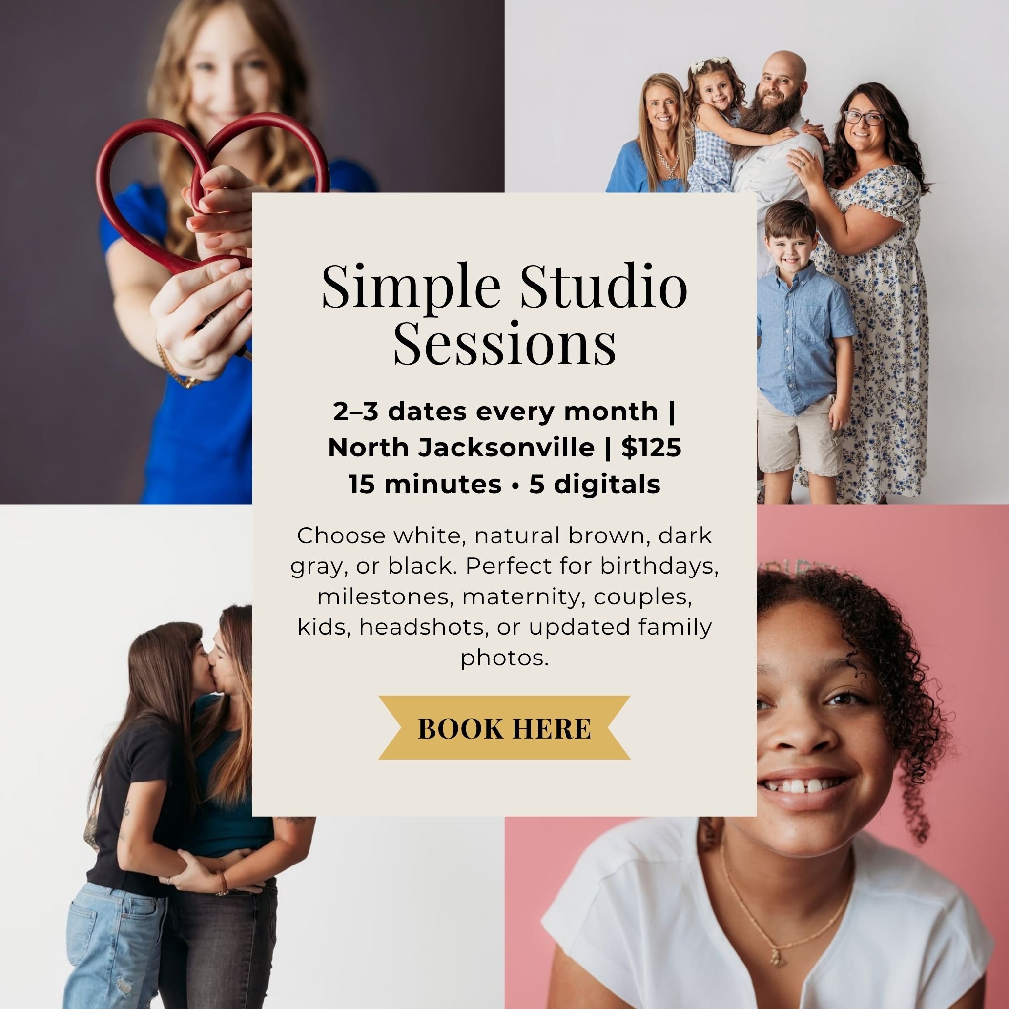 Jacksonville studio mini sessions for families, maternity, couples, children, birthdays, milestones, and headshots.