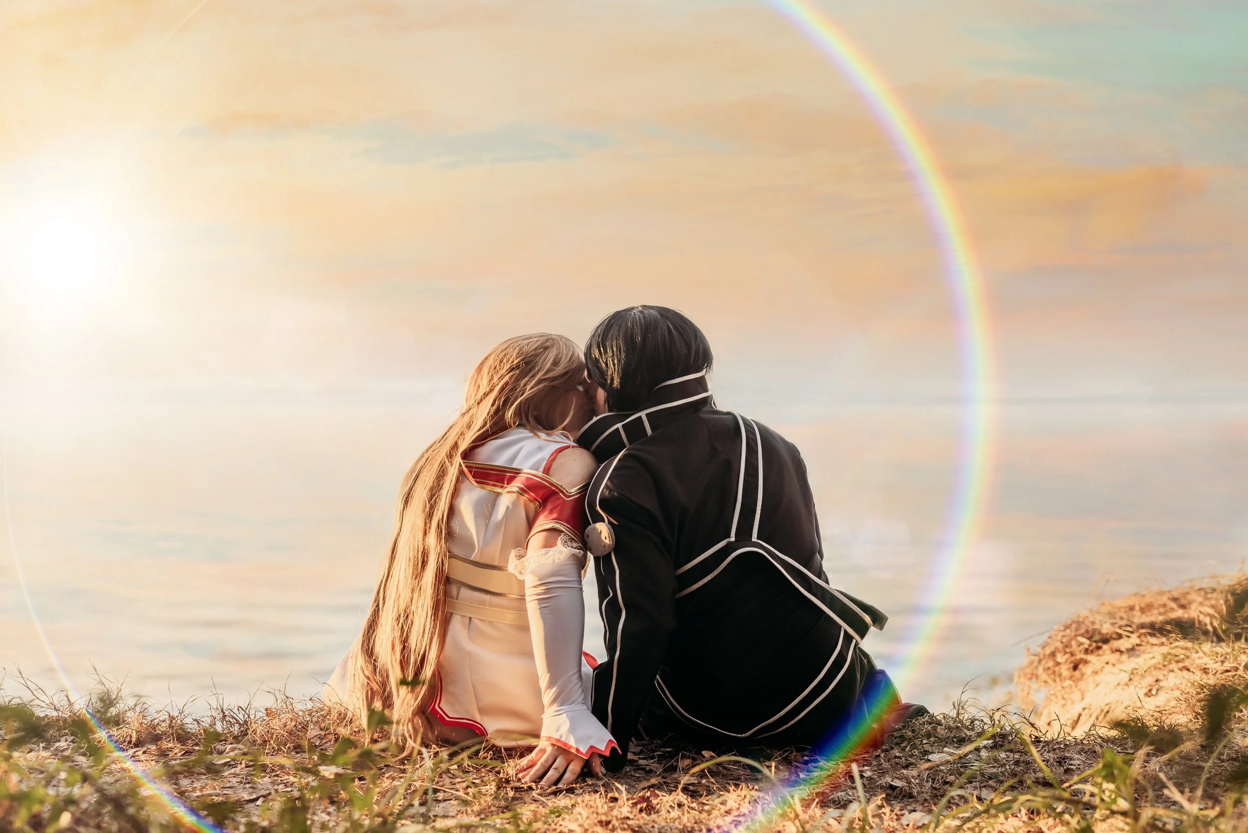 Couple in cosplay outfits sharing a quiet, romantic moment at sunset by the water, photographed in Jacksonville Florida