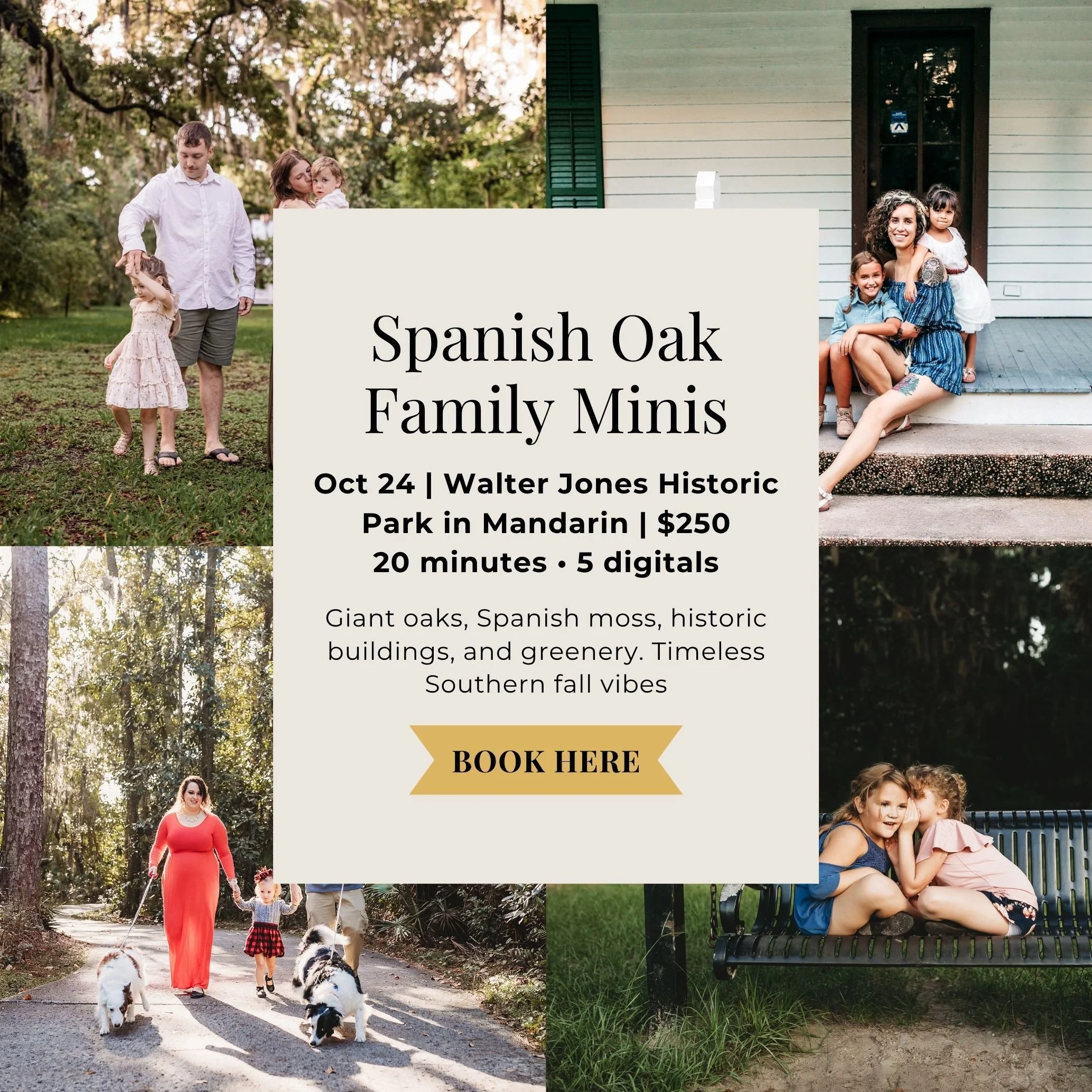Jacksonville fall family mini sessions at Walter Jones Historic Park in Mandarin beneath oak trees and Spanish moss.