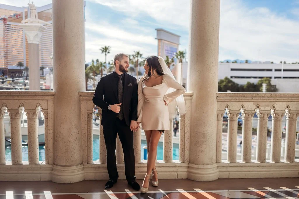 Stephanie and Gary embrace inside the Venetian during their Las Vegas elopement