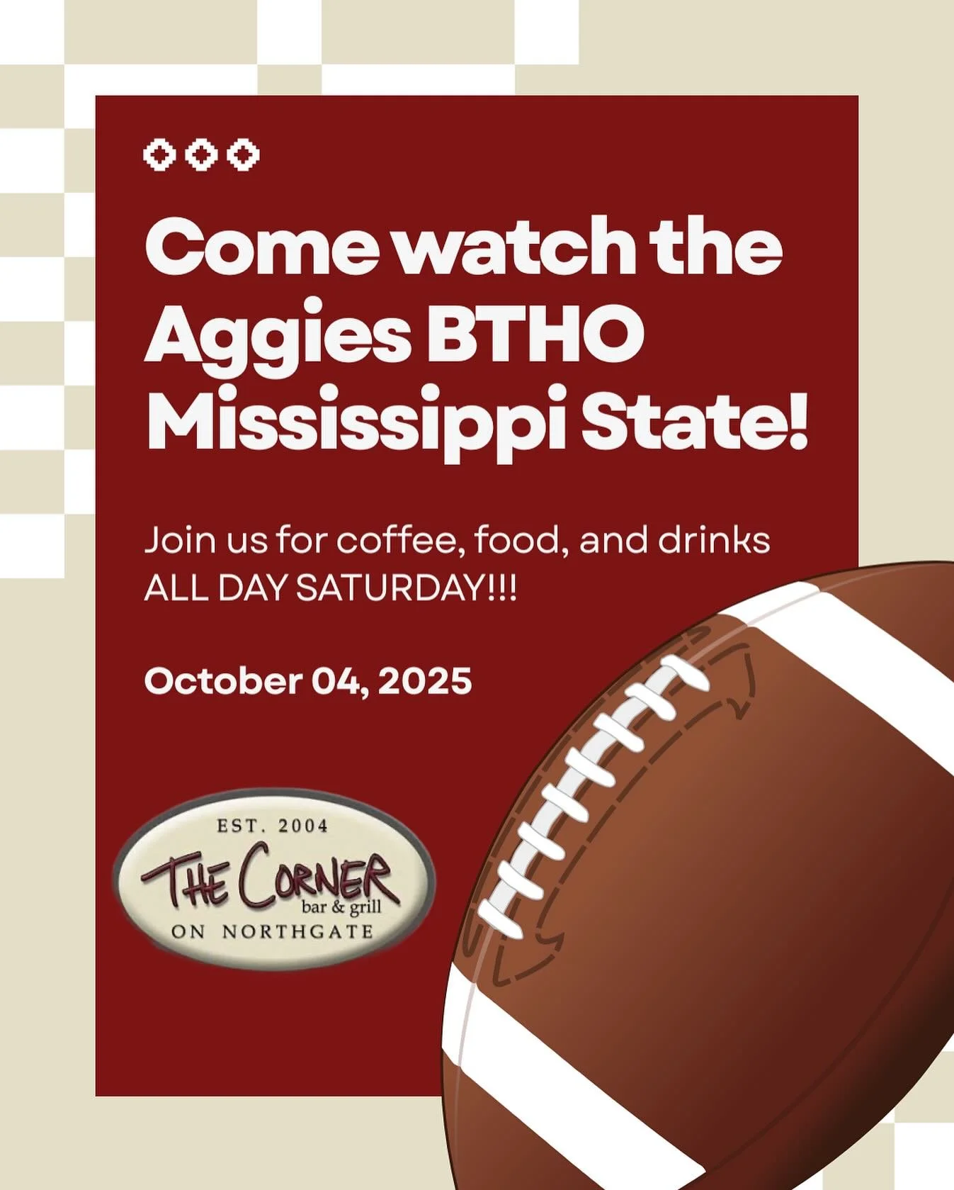 COME OUT TOMORROW TO WATCH US BTHO MISSISSIPPI STATE!! SERVING UP COFFEE, FOOD, AND DRINKS ALL DAY!!
OPEN 11AM - 2AM ๐๐