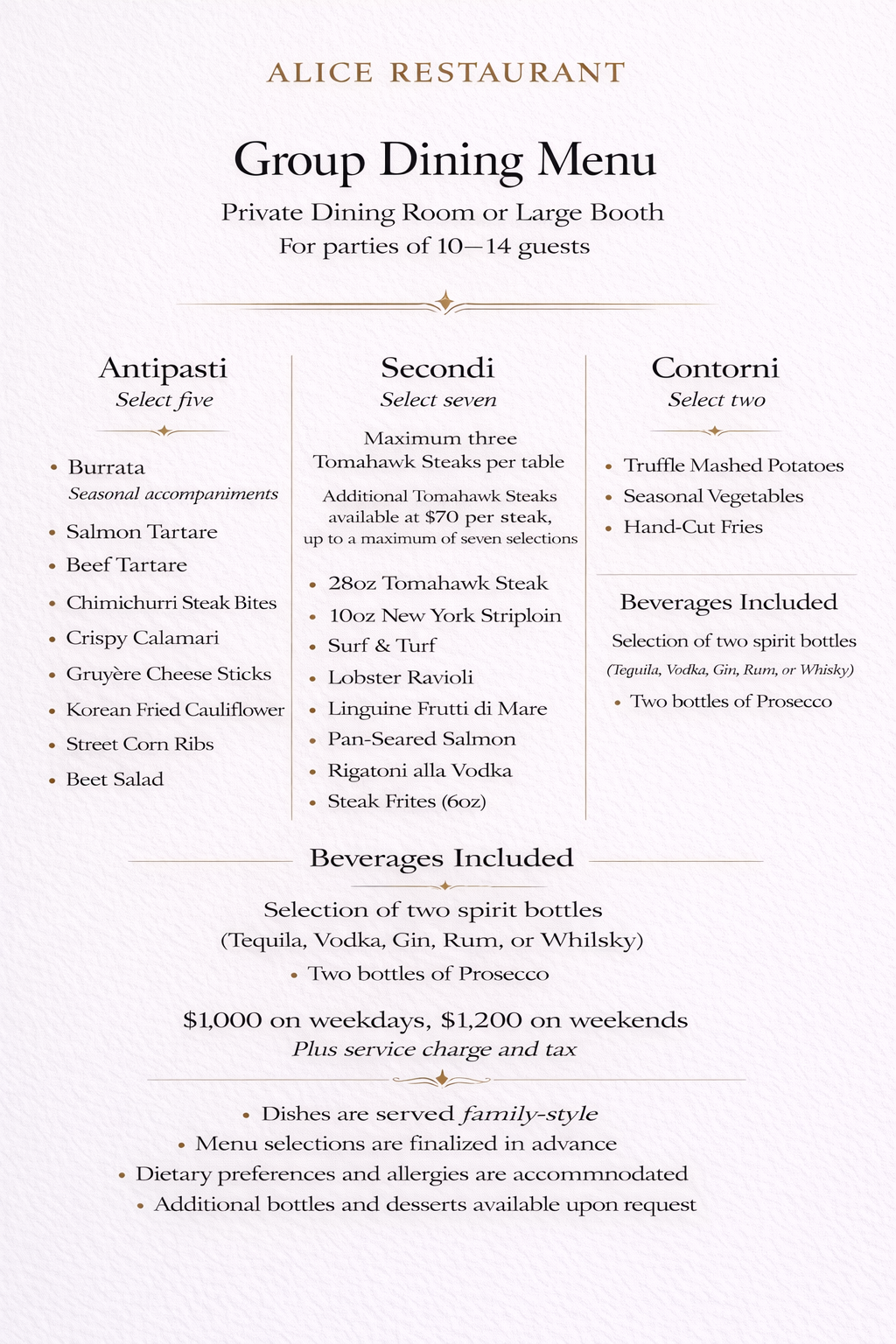 Group dining menu at Alice Restaurant Toronto for private events and celebrations