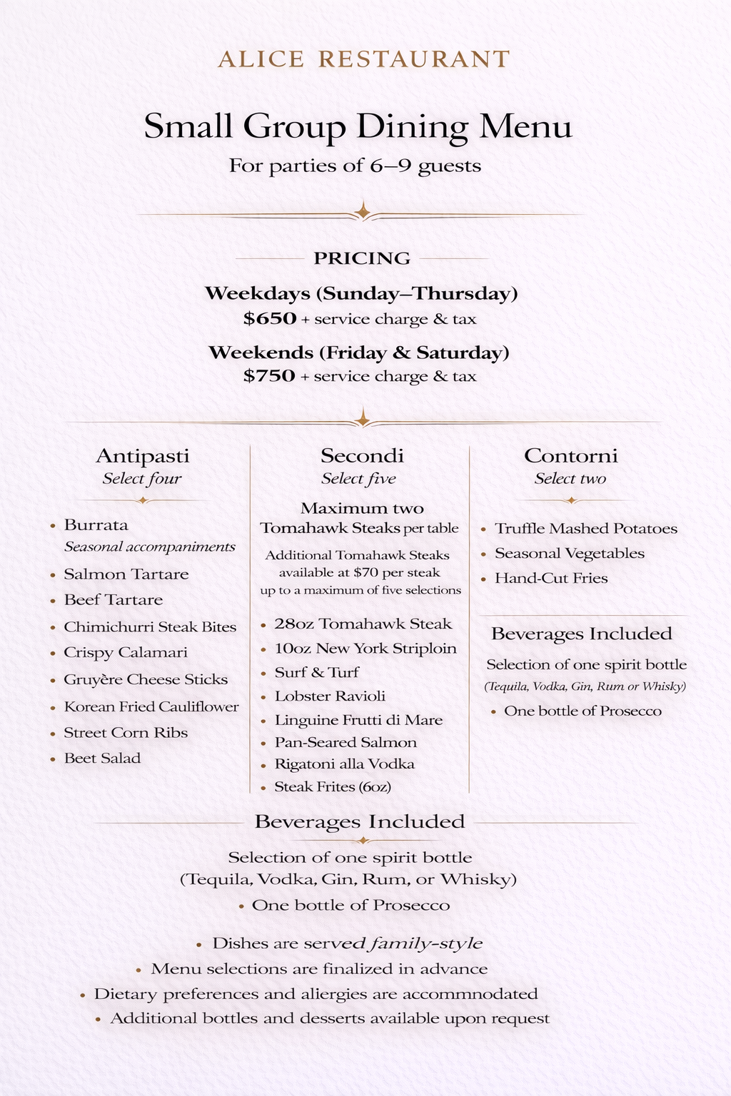 Group dining menu at Alice Restaurant Toronto for private events and celebrations