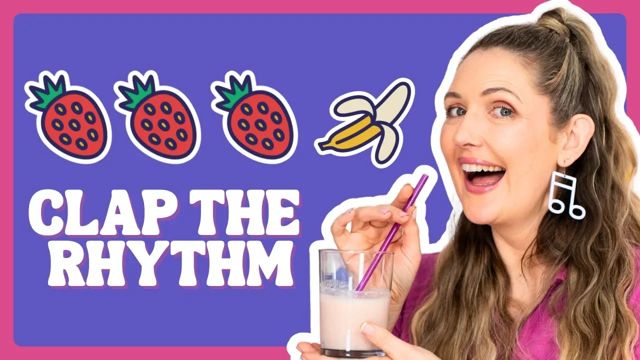 A rhythm-themed learning resource where children write step-by-step smoothie instructions, explore fruit patterns in maths, and build reading skills through clapping, sorting syllables, and sequencing activities.
