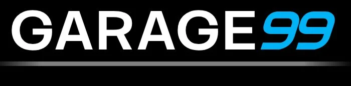 Garage 99 logo with white and blue text on black background.