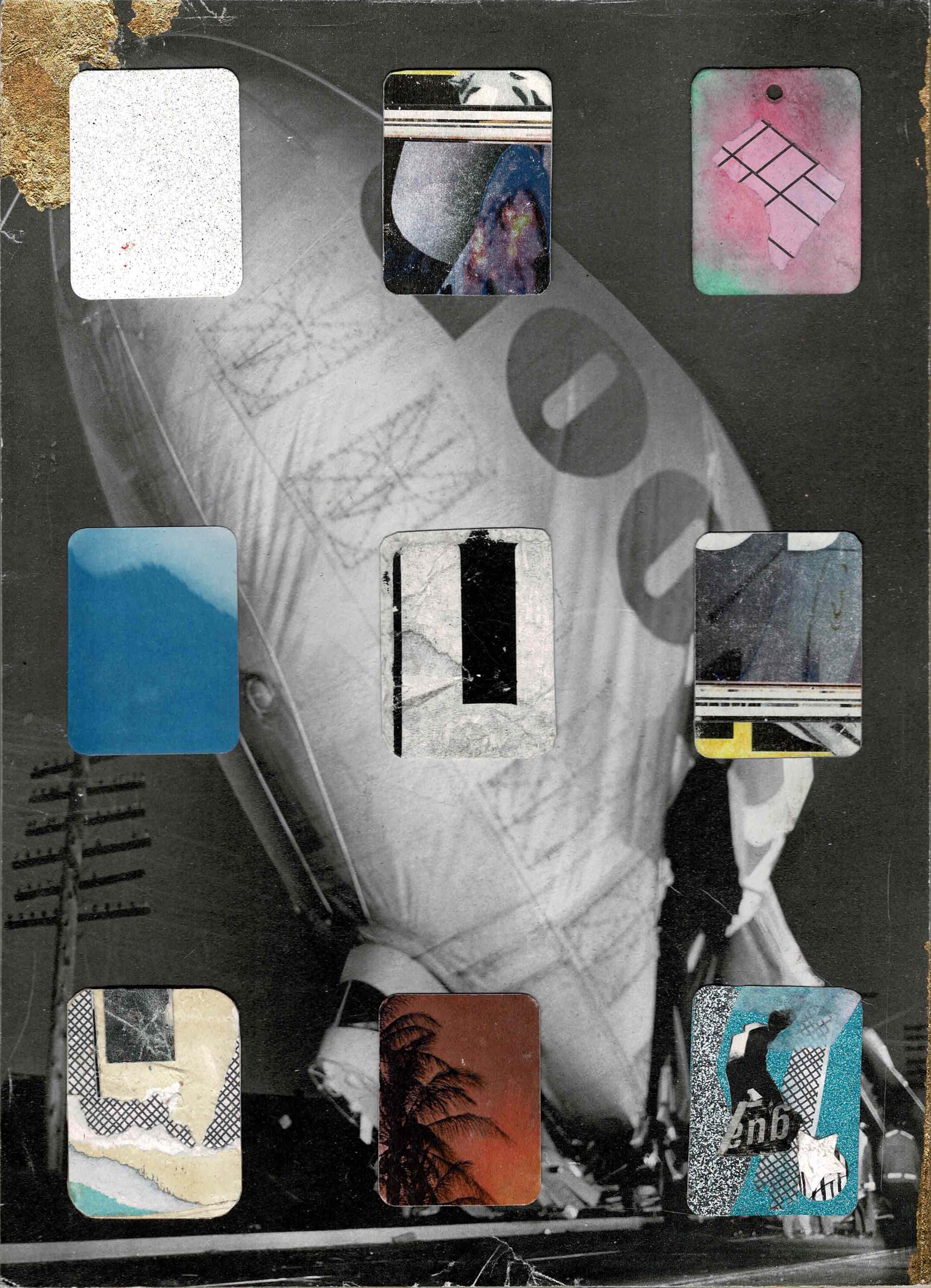 Goodyear/Swatches, collage with gold leaf, 11 x 8.25 inches (mounted on board)