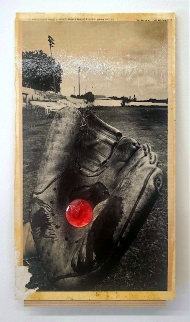 Ruby in the Glove, collage,  12 x 7 inches (mounted on board, displayed on custom shelf)