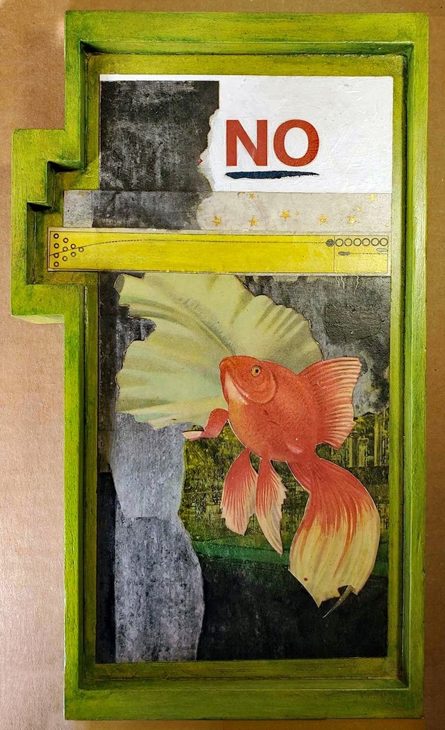 "NO" Collage with watercolor washes and gouache. 10.75 x 6" inches (custom frame)