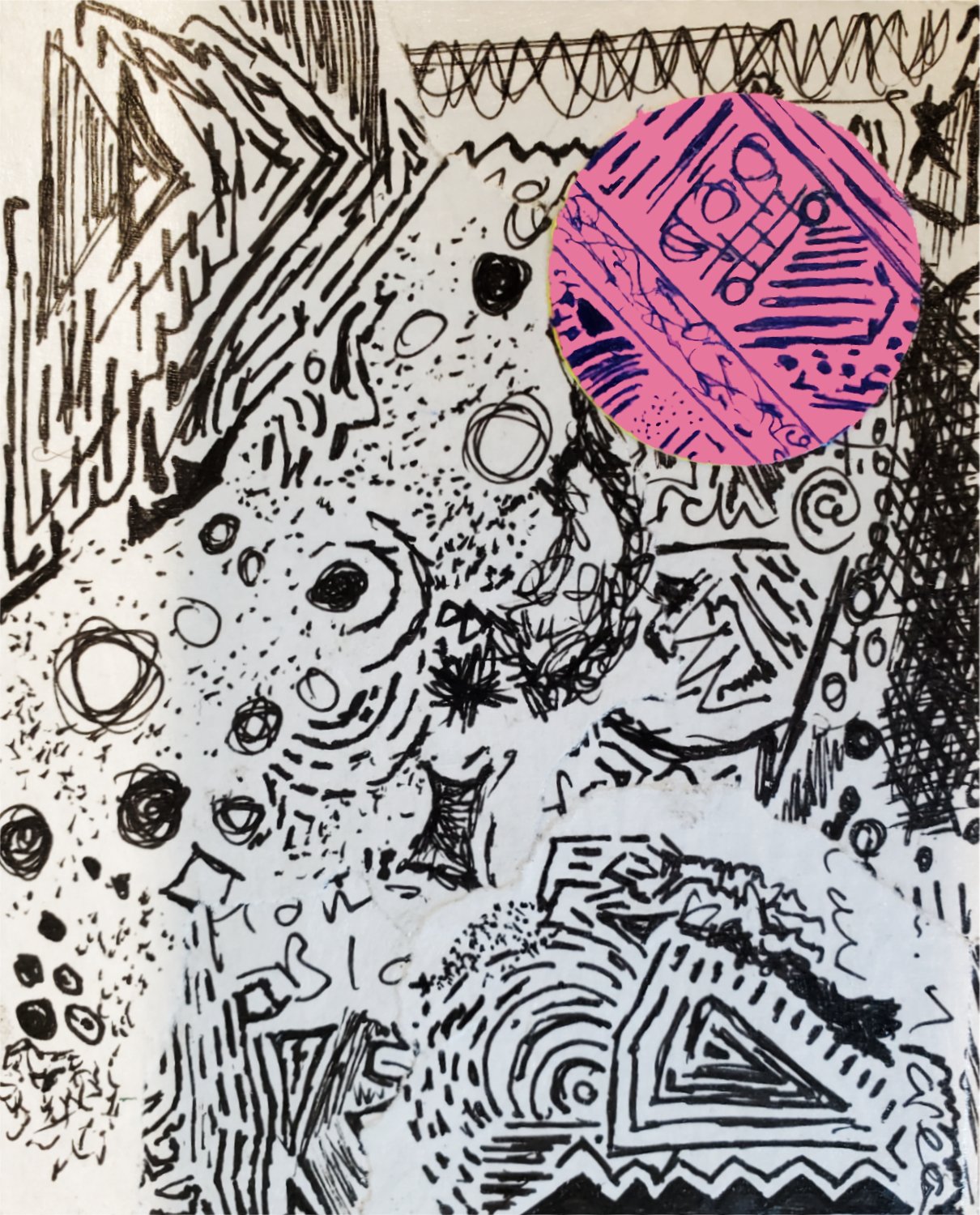 Abstract drawing with collage 5 x 4 inch postcard (sent)