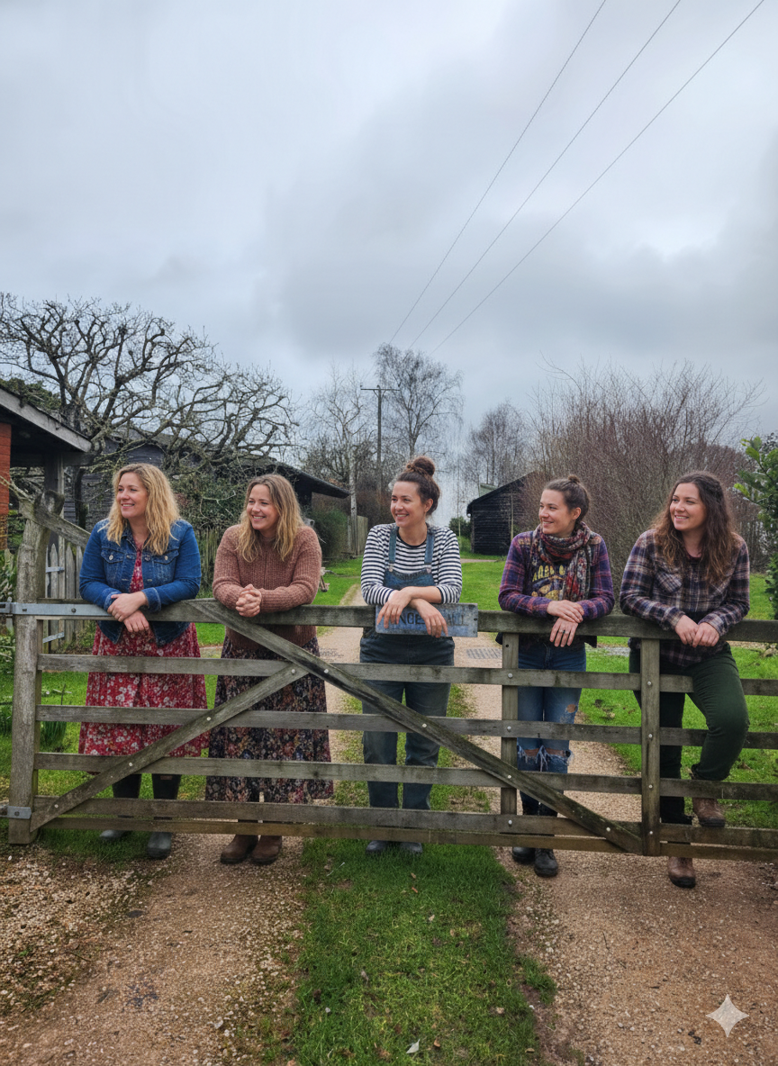 A minimalist, teal line art logo featuring a plant with leaves and small circles, encircled by a curved line.