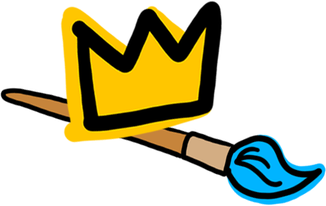 A blue hand holding a paintbrush with a yellow crown painted on the brush.