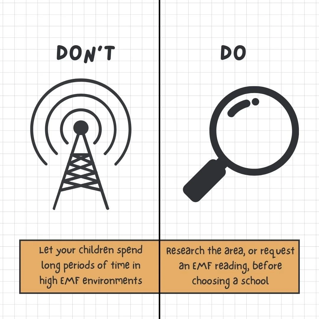 WEEKLY TIP: Minimise EMF Exposure at Home and School

Do:

- Research school locations. Check whether nearby cell towers or large antenna installations are present before enrolling your child. 

- Measure the EMF exposure around the school environmen