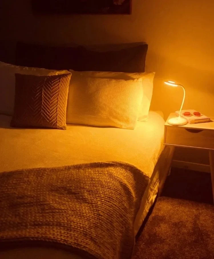 Enjoy EMF-safe sleep lighting. This red/amber lamp blocks blue light and promotes melatonin for deeper, healthier rest.