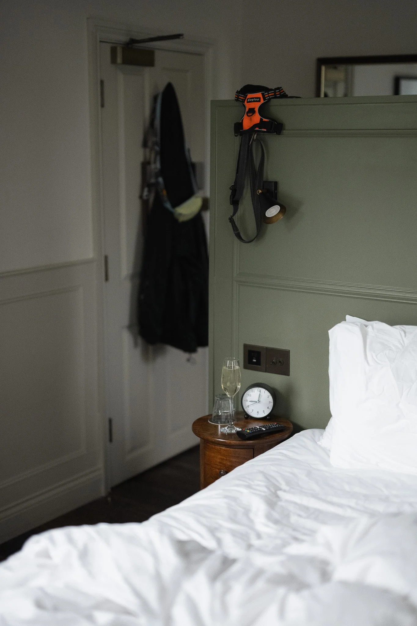 Dog harness hanging from the bedpost in a softly lit room at The Penn.