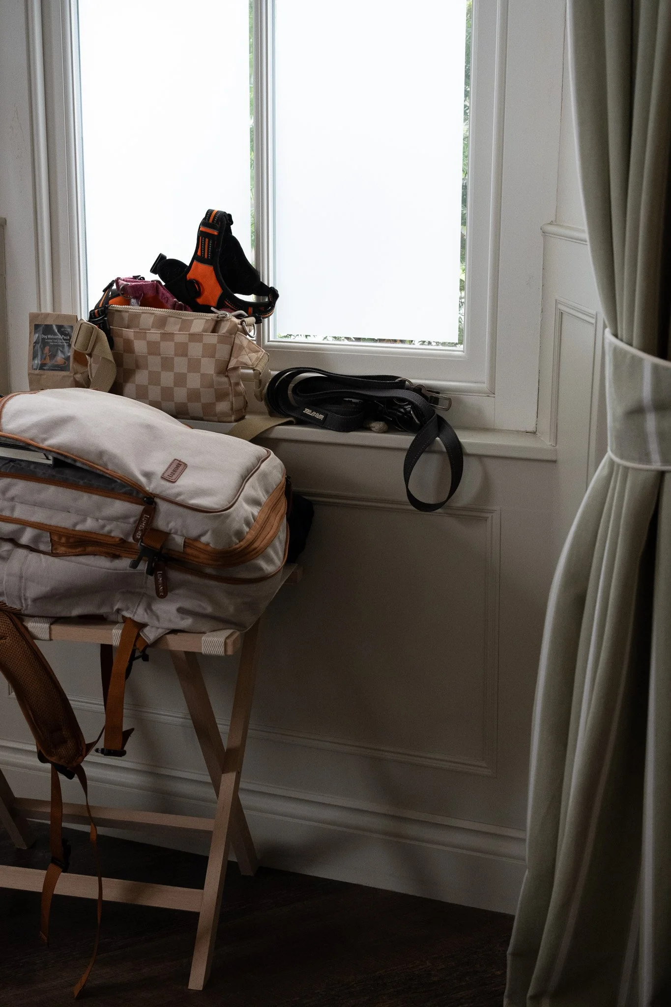 Dog travel bag and belongings resting beside a window overlooking greenery at The Penn.