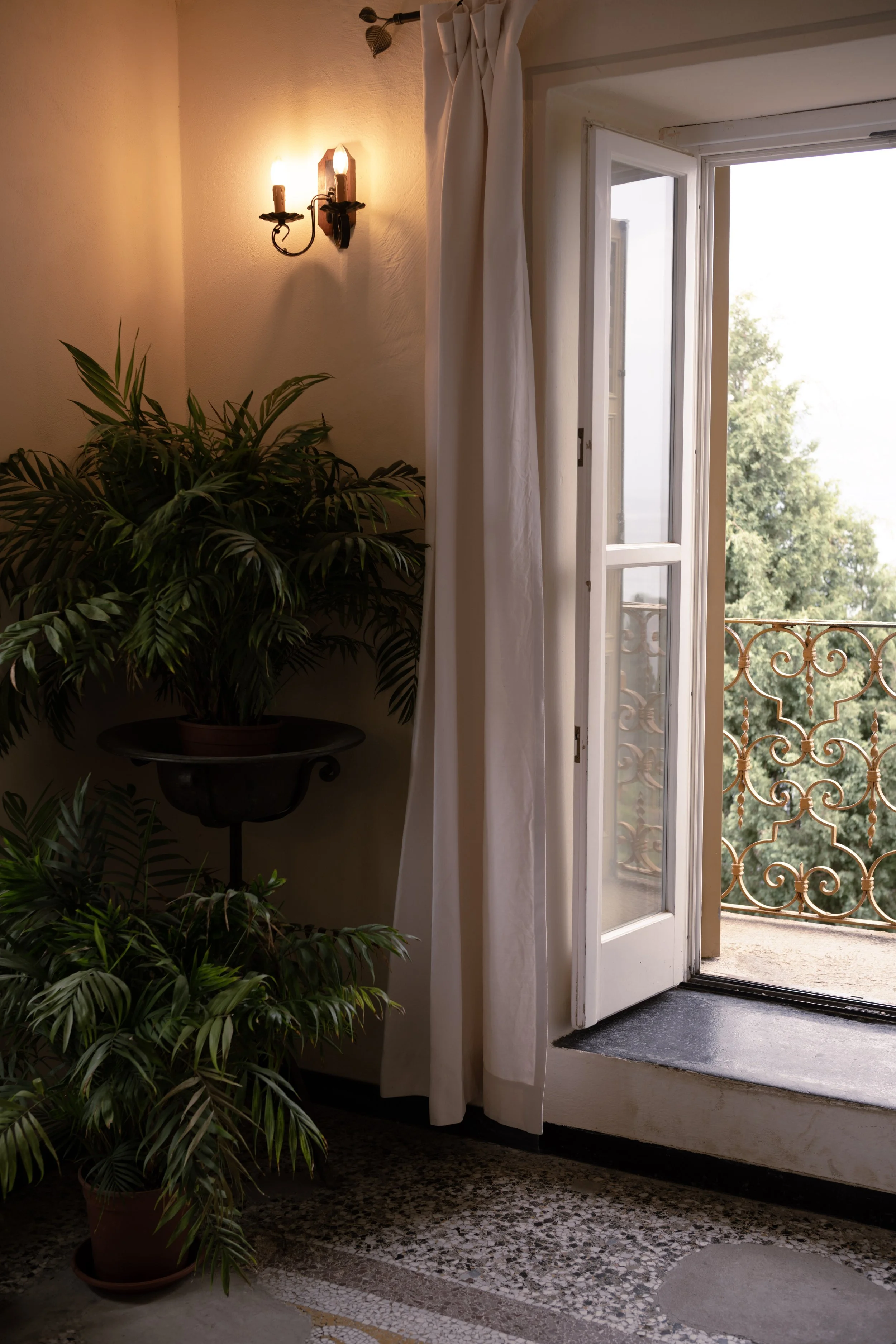 Open door leading to a balcony with an ornate iron railing, a potted green plant on a stand, and a wall-mounted light fixture inside.
