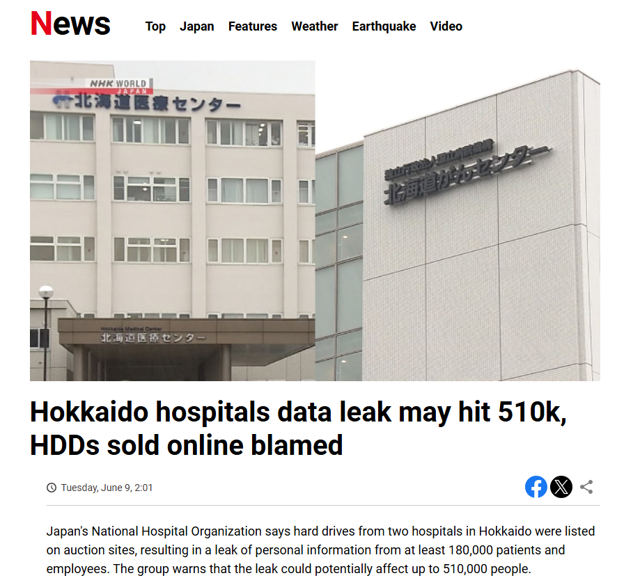Major Data Breach Alert for Healthcare: Hokkaido Hospitals' HDD Leak Exposes Up to 510,000 Records