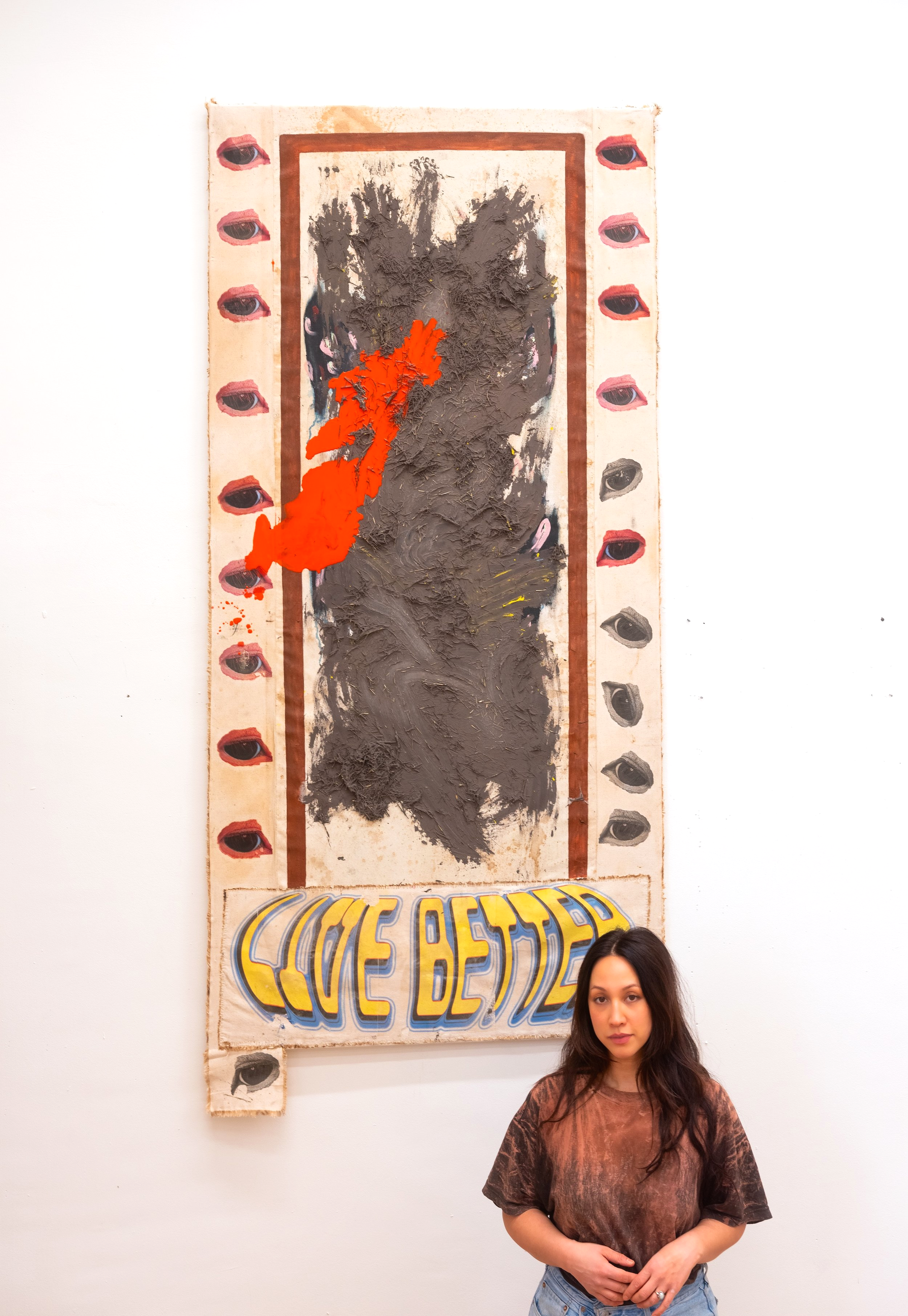 Live Better 2024
250x130cm
heat press printing, coffee, hay, plaster, epoxy & oil on canvas
