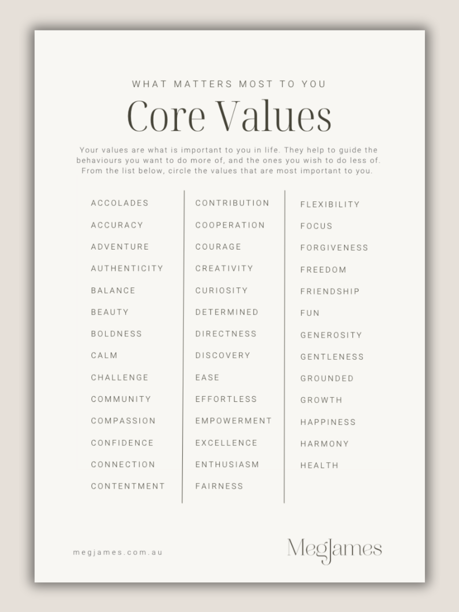 A list of core values including attributes like authenticity, courage, curiosity, and kindness, organized in three columns on a white background. The title reads "What Matters Most to You: Core Values" with a description about the importance of values.