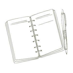 Open notebook with lined pages and a pen