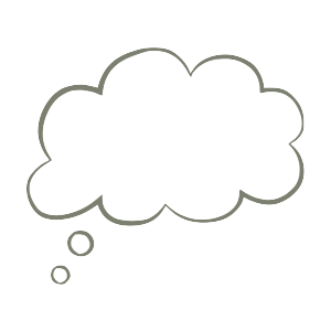 A black thought bubble with a white outline and smaller bubbles stemming from it, symbolizing thinking or ideas.