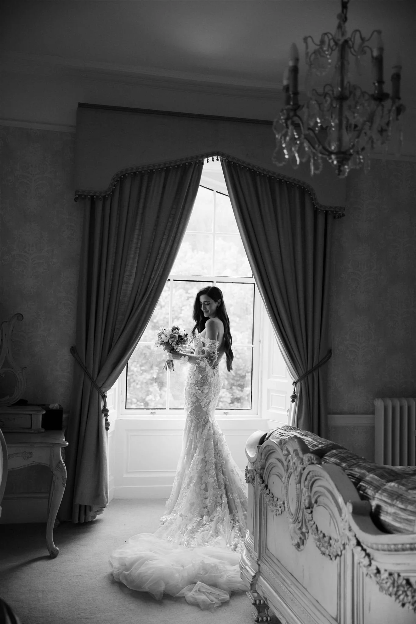 A luxury castle bride on a wedding day at Drumtochty Castle in Scotland.
