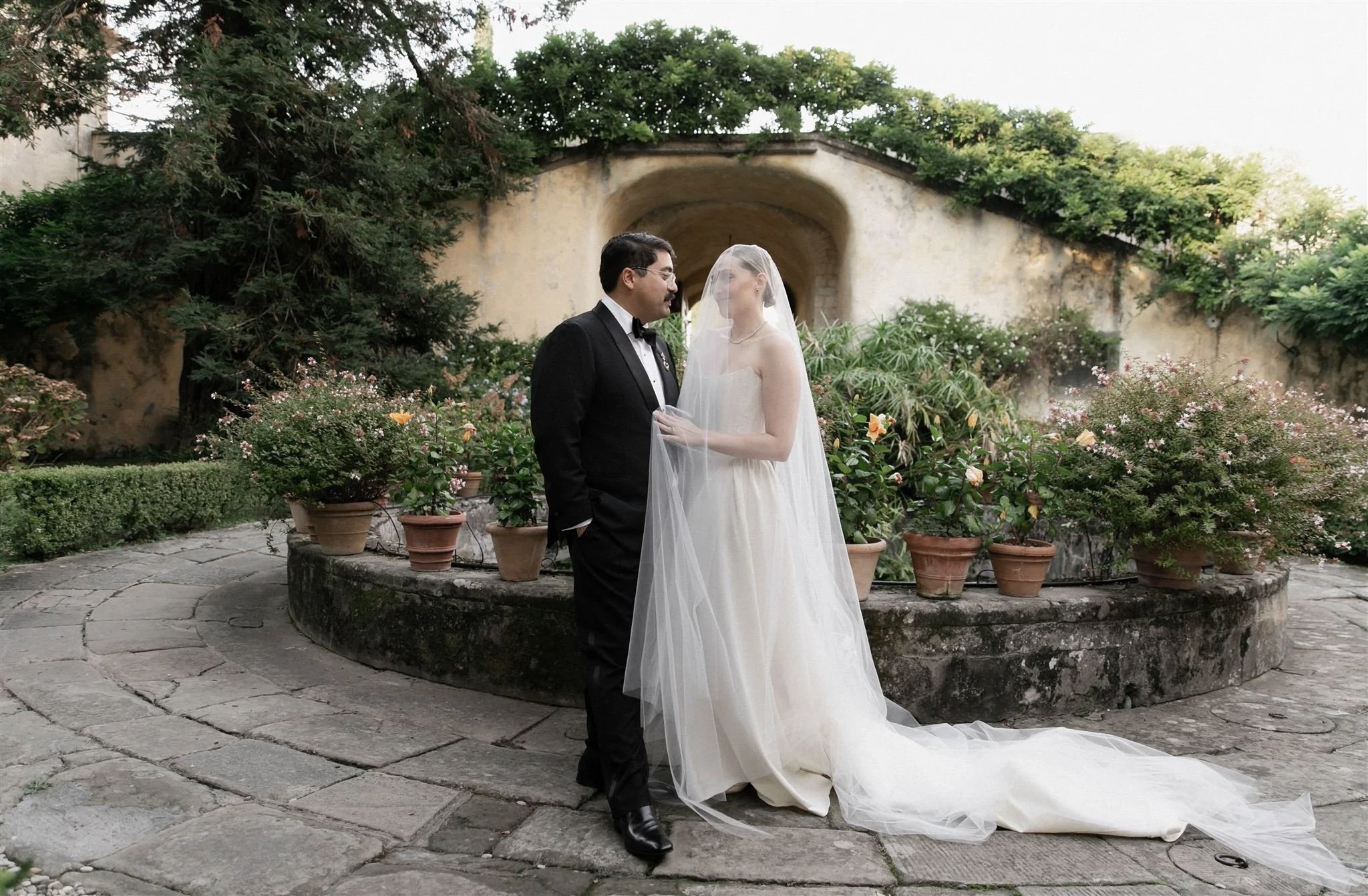 Bride and Groom on a wedding day at Villa Medicea Di Lilliano in Tuscany, Italy.