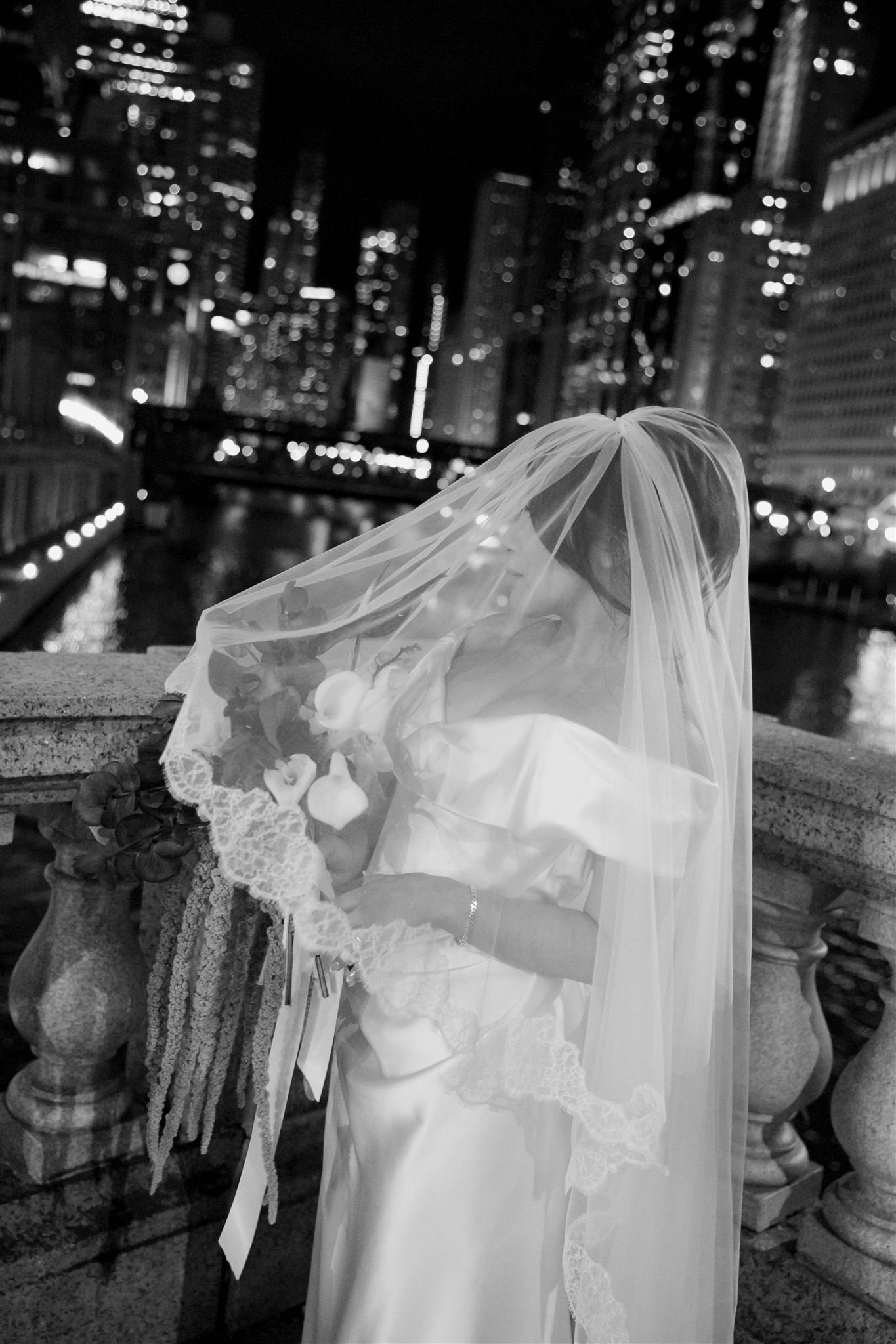 Wedding Photo of bride in downtown Chicago on the way to Gilt Bar.
