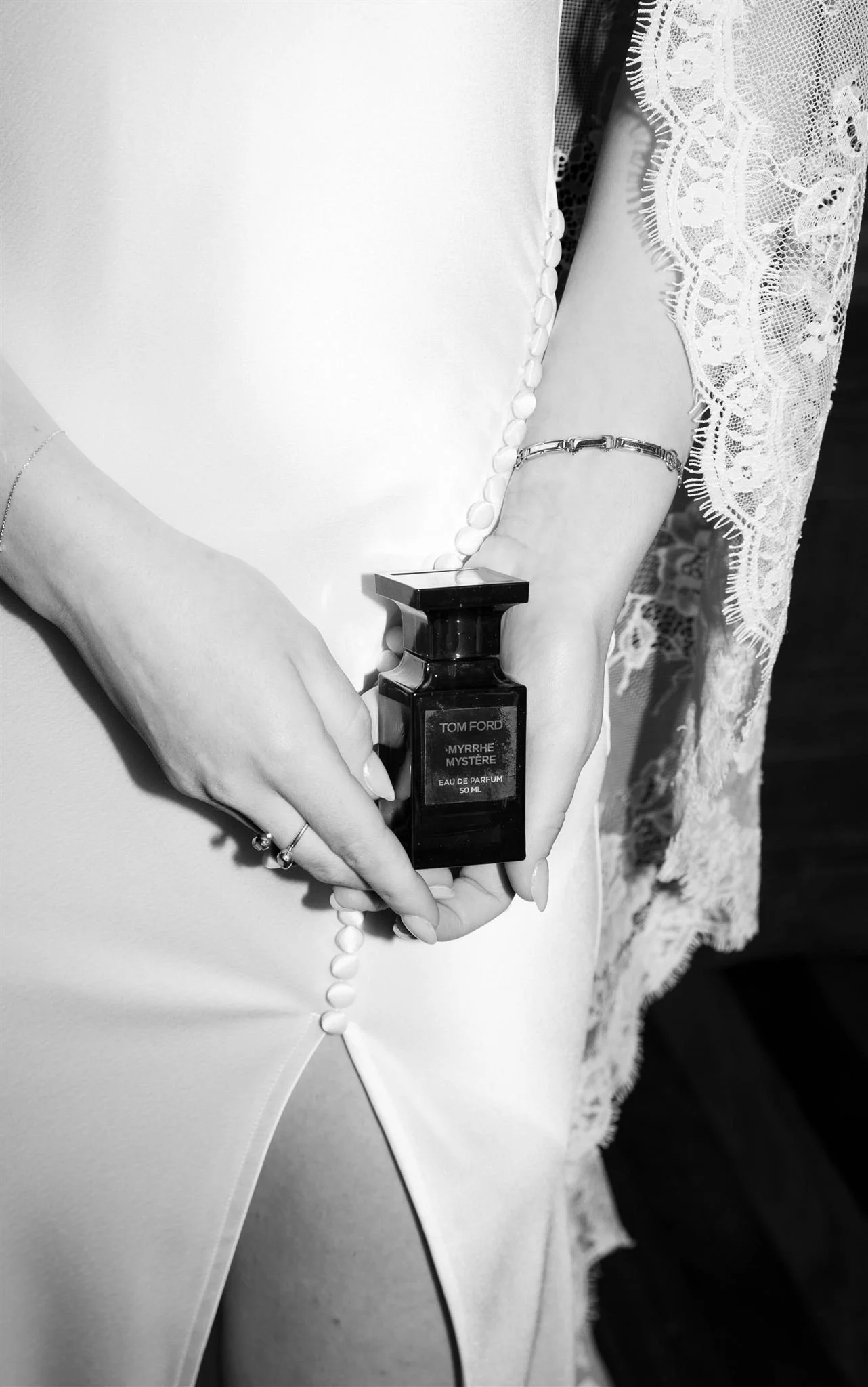 Bride wedding details including Sau Lee Persephone Gown and Tom Ford perfume in Edinburgh