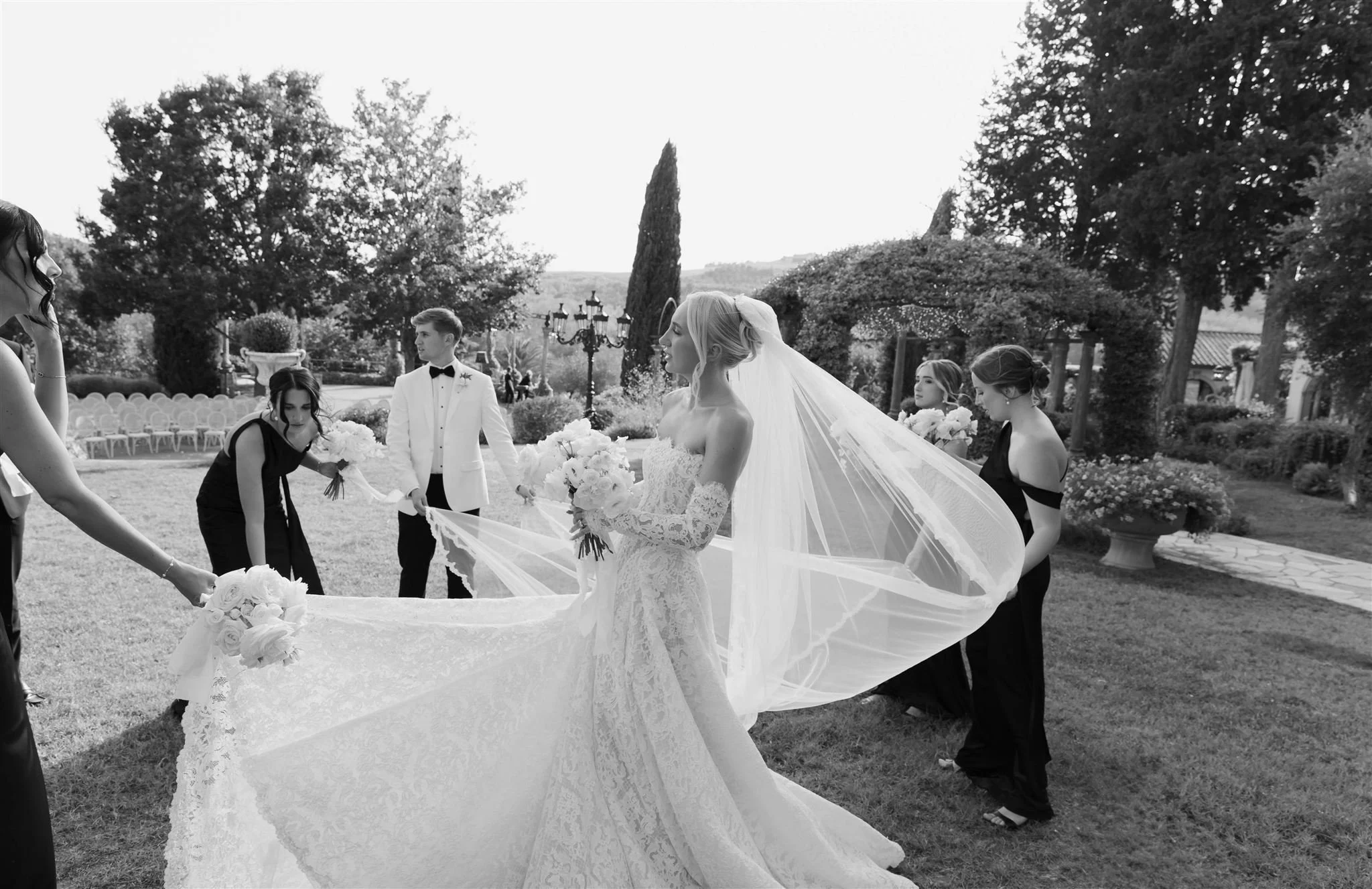 Bride and Groom on a wedding day at Tenuta Corbinaia Villa in Tuscany, Italy.