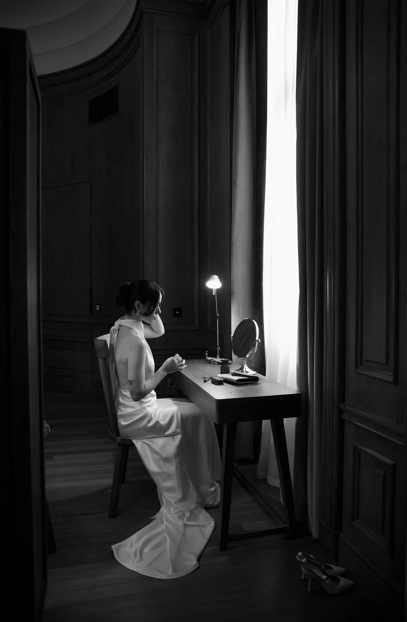 A bride getting ready on a wedding day at The Edinburgh Grand Hotel in Edinburgh, Scotland.
