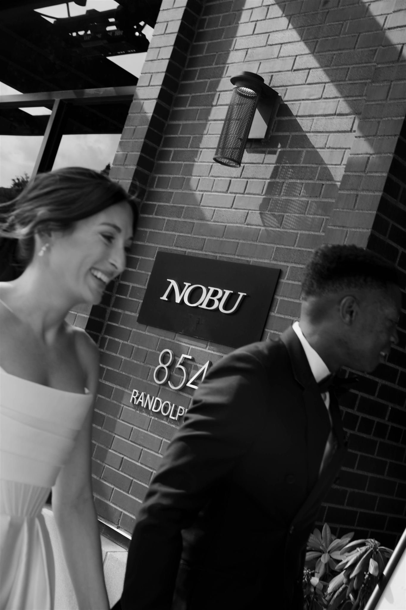 Portraits at Nobu Hotel restaurant on a wedding day in Chicago.
