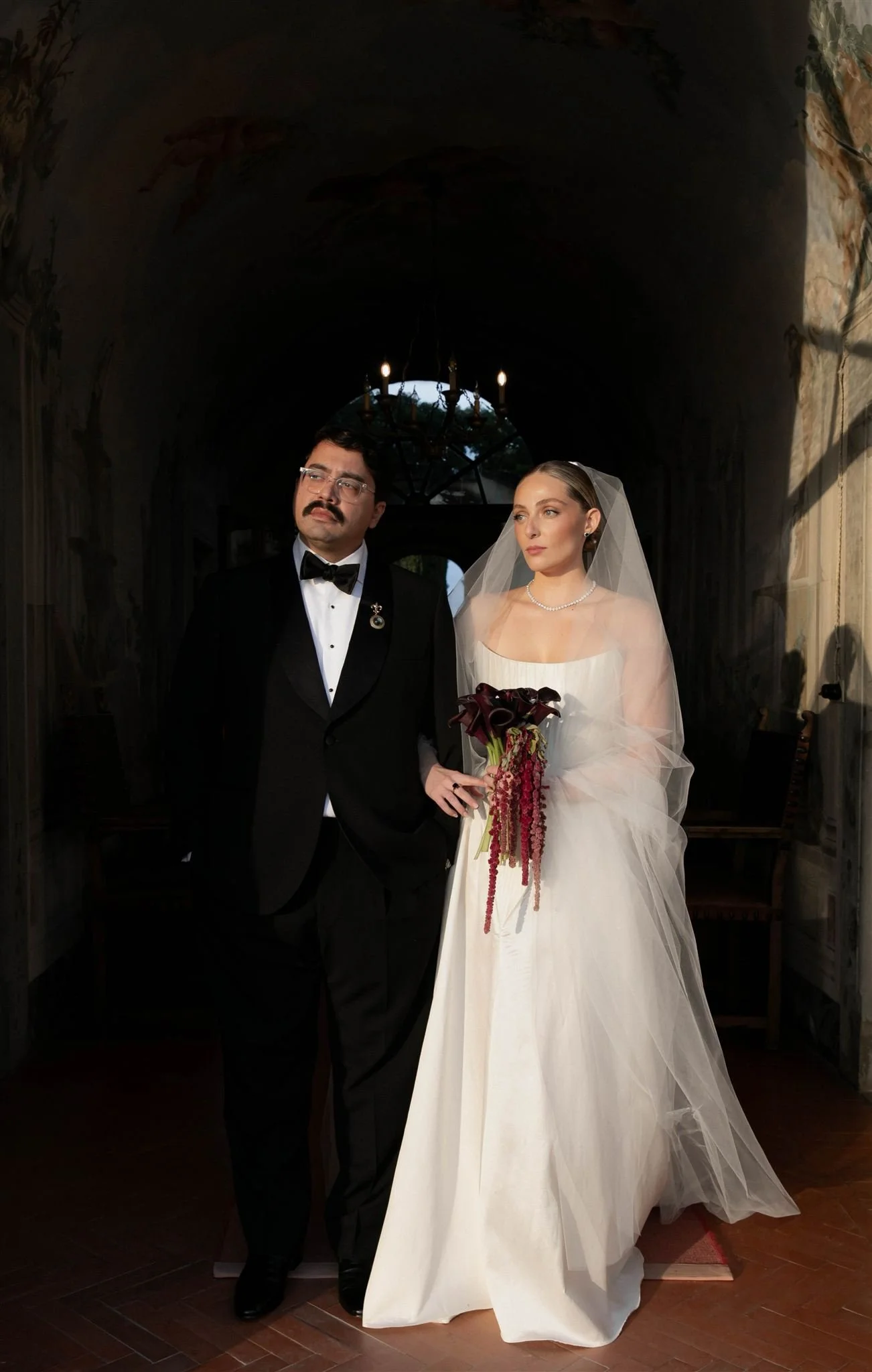 Bride and Groom on a wedding day at Villa Medicea Di Lilliano in Tuscany, Italy.