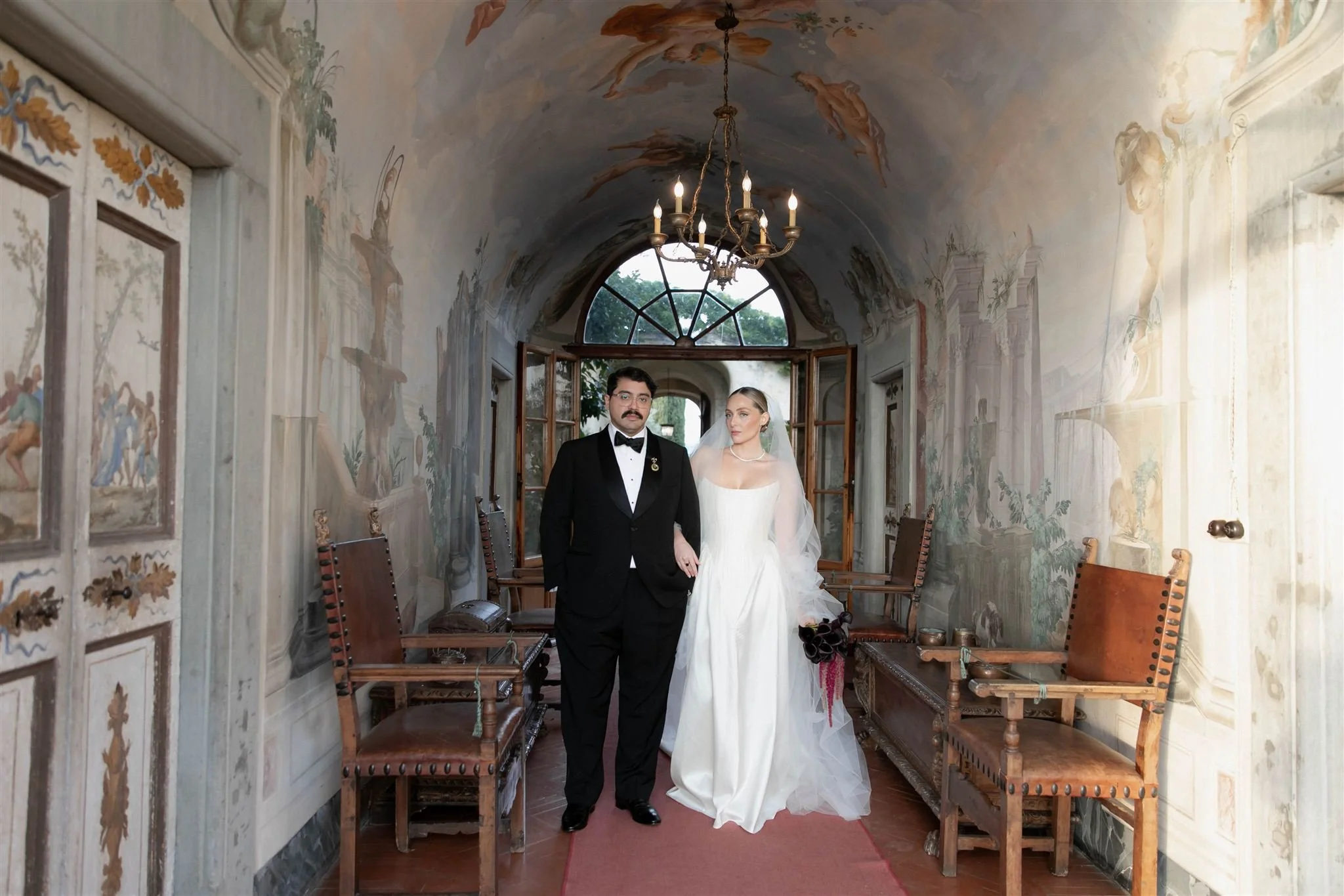 Bride and Groom on a wedding day at Villa Medicea Di Lilliano in Tuscany, Italy.