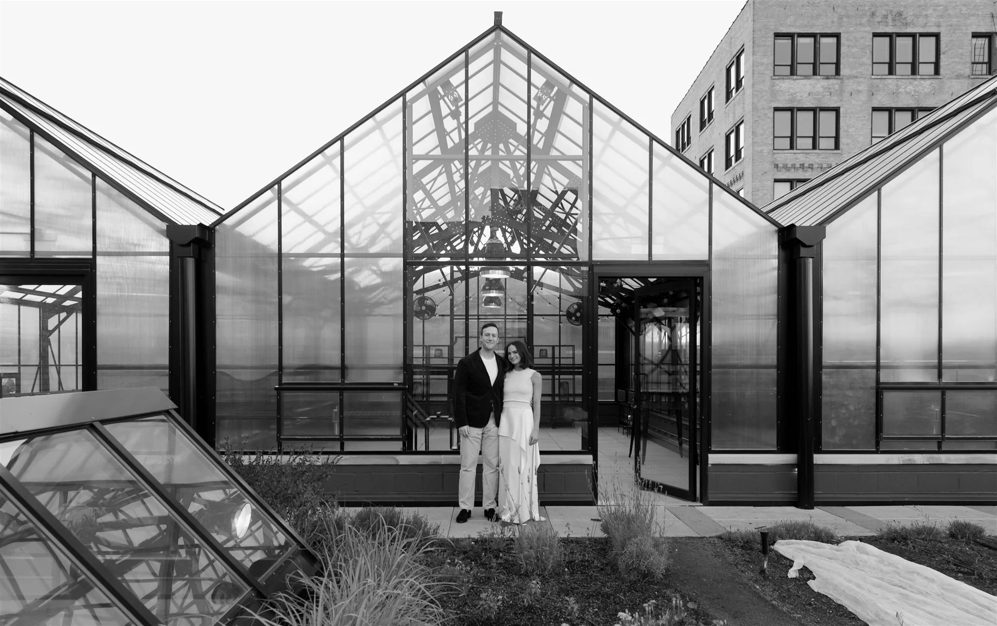 Maxwells Trading Chicago wedding rehearsal dinner with rooftop skyline portraits in Chicago.