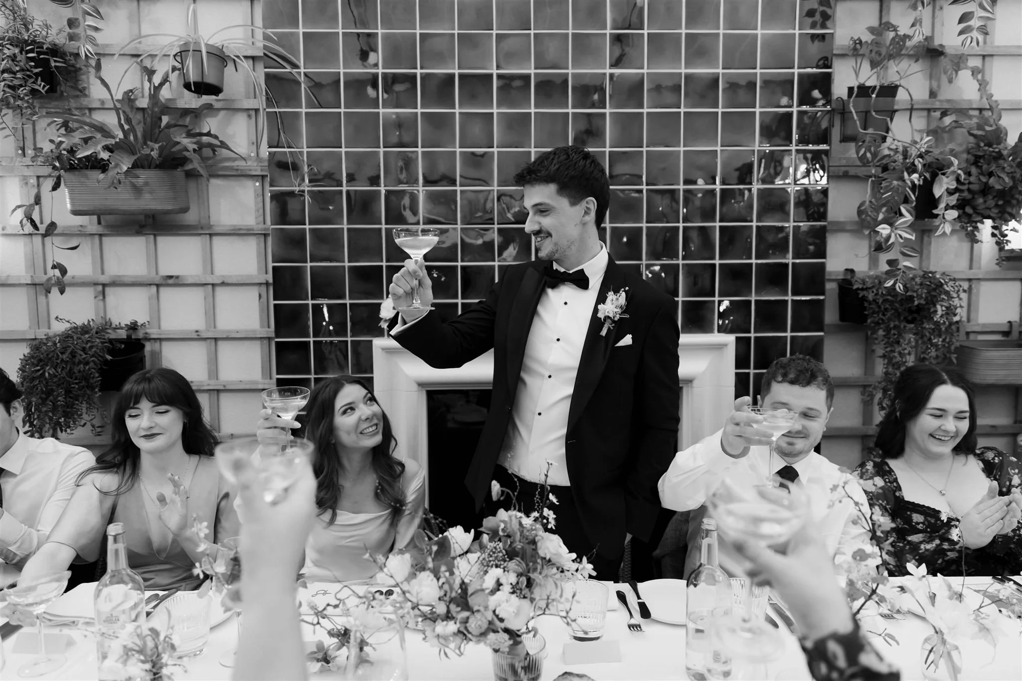 Natural wedding photography during a Gleneagles Townhouse reception dinner.