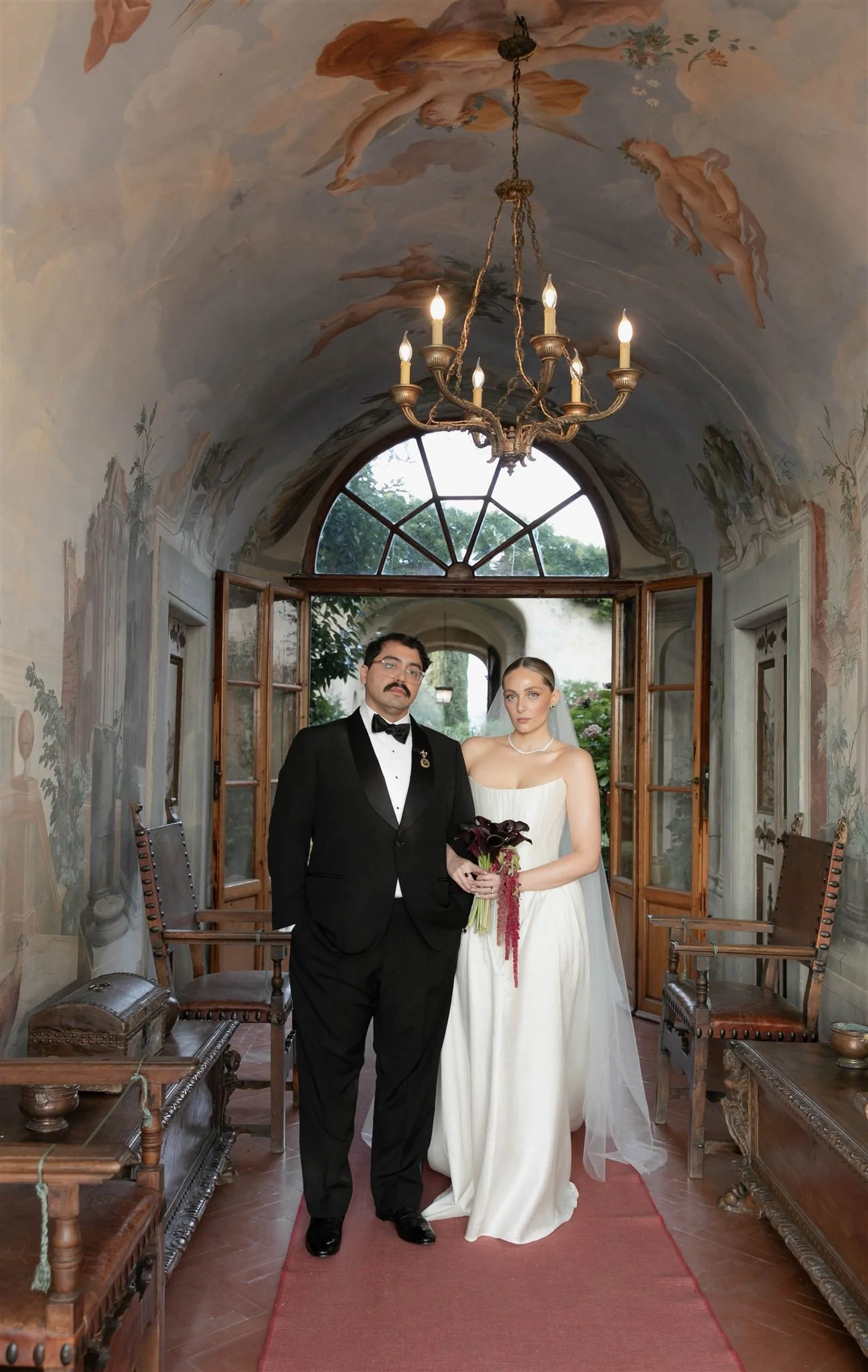 Bride and Groom on a wedding day at Villa Medicea Di Lilliano in Tuscany, Italy.