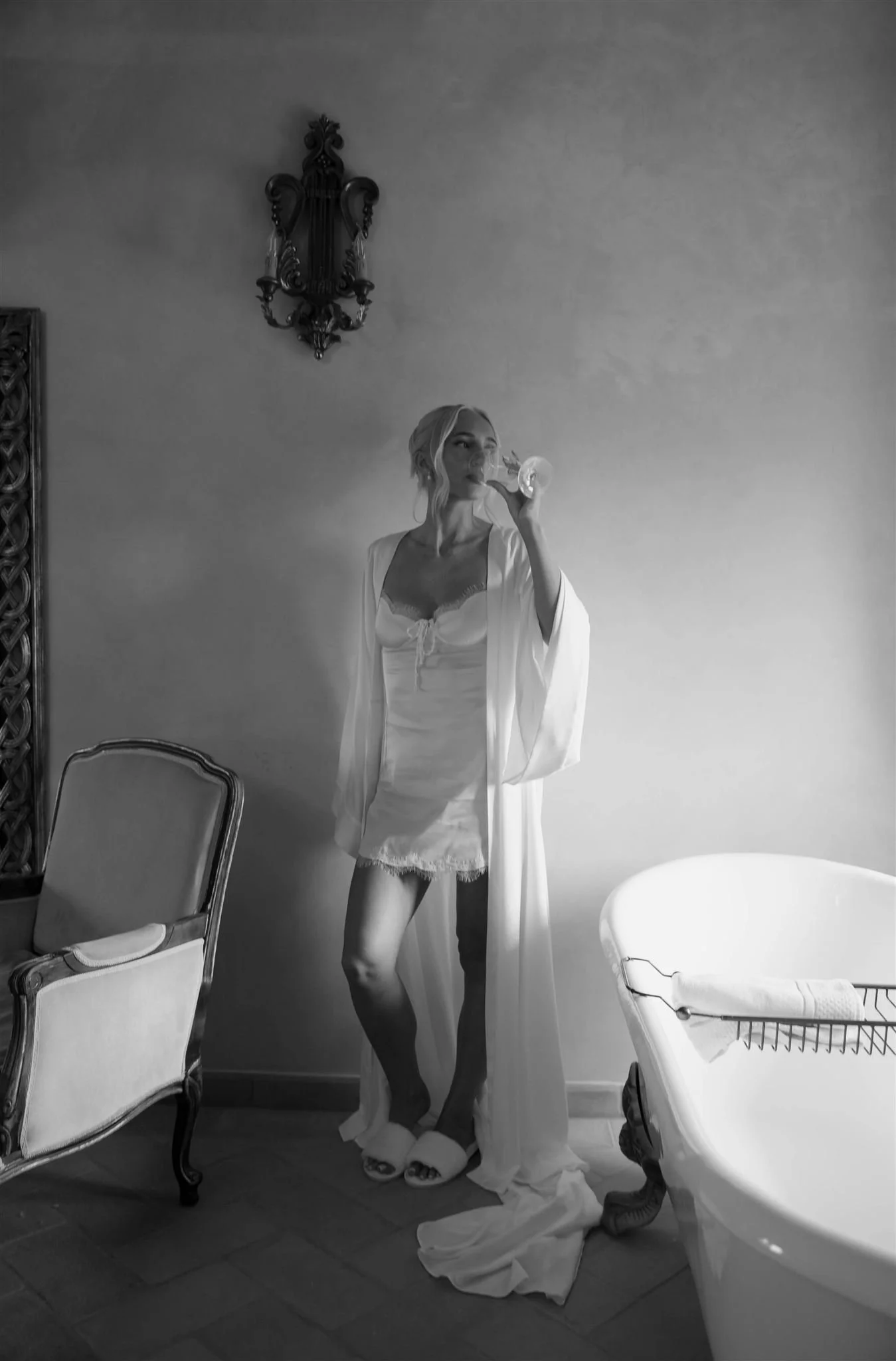 A bride on her wedding day at Villa Petriolo in Tuscany, Italy.