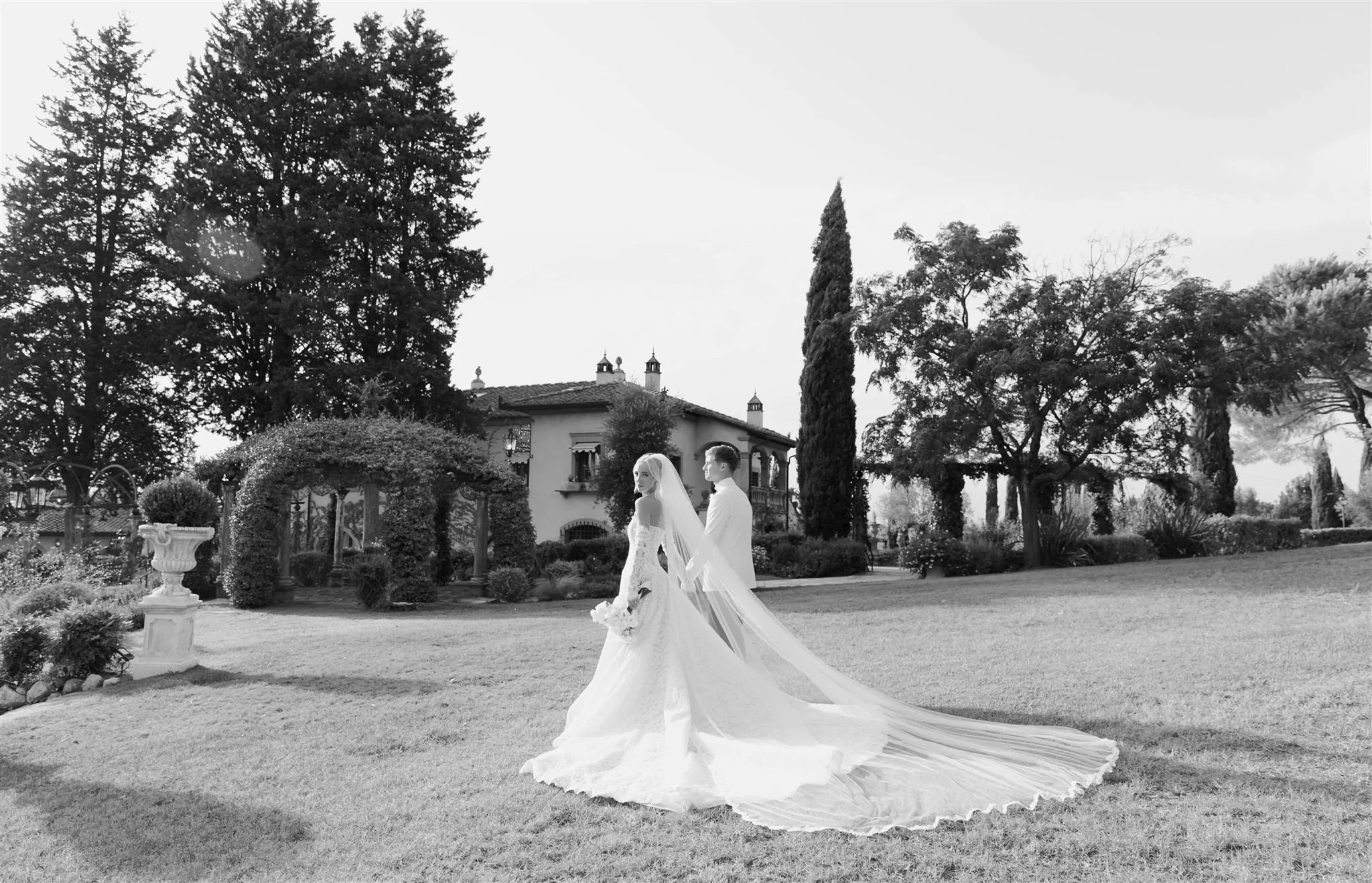 Bride and Groom on a wedding day at Tenuta Corbinaia Villa in Tuscany, Italy.