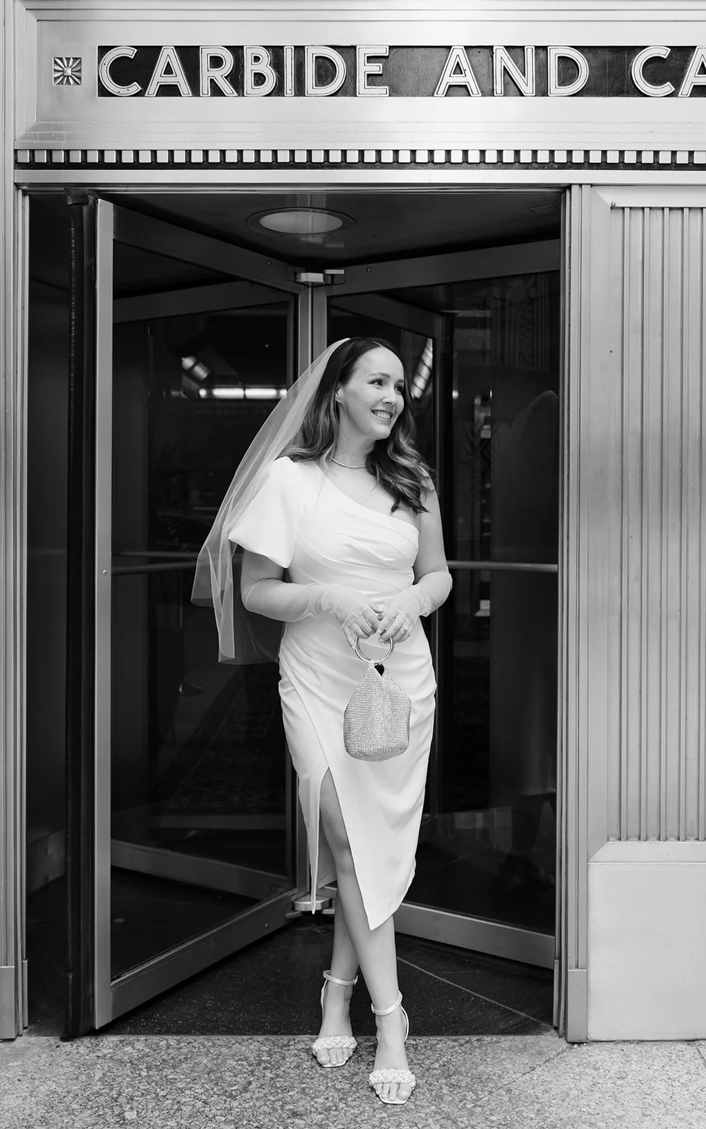 Bride at Carbide and Carbon Building in Downtown Chicago.