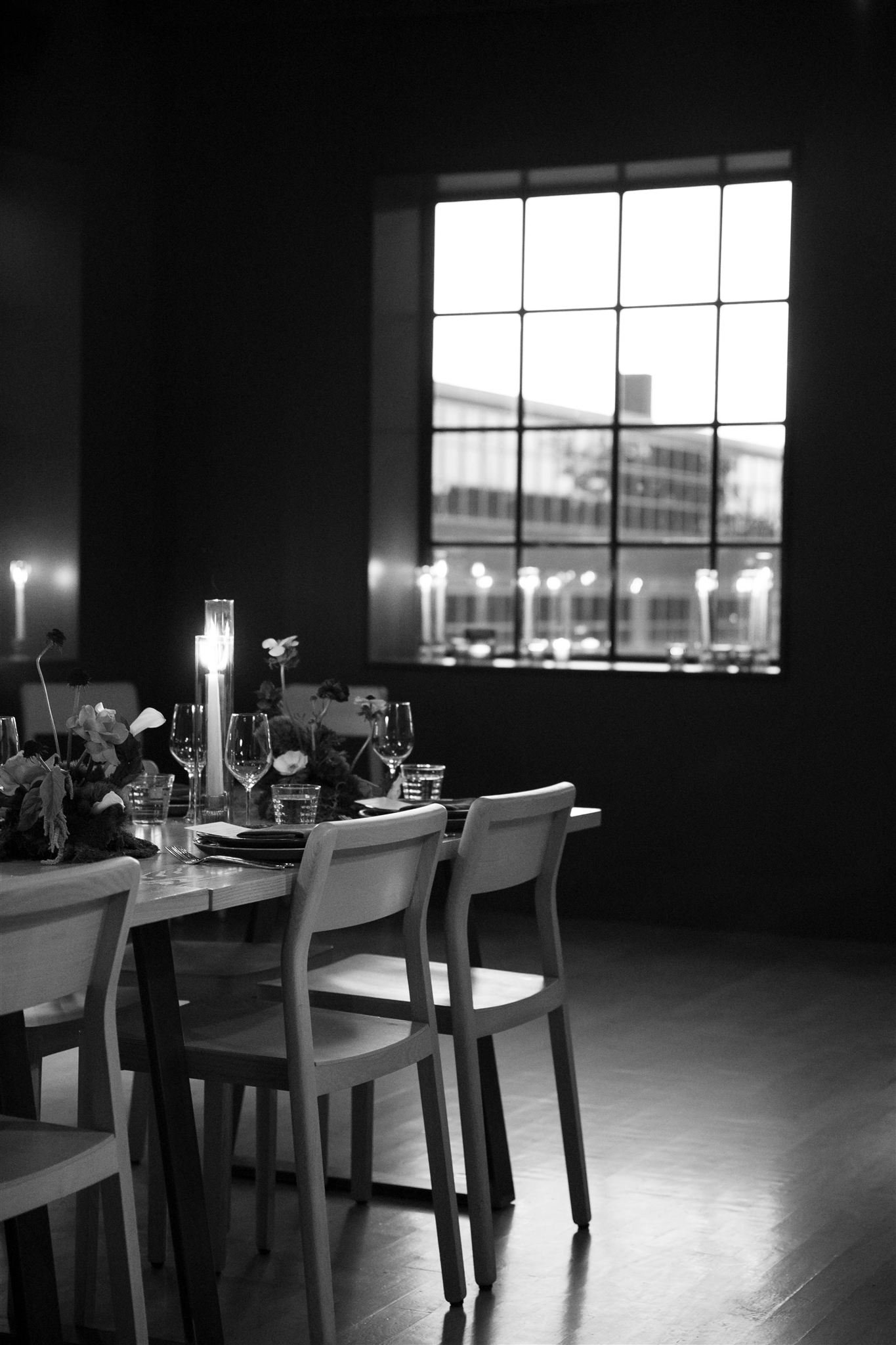 Romantic candlelit rehearsal dinner at Maxwells Trading Chicago wedding venue.